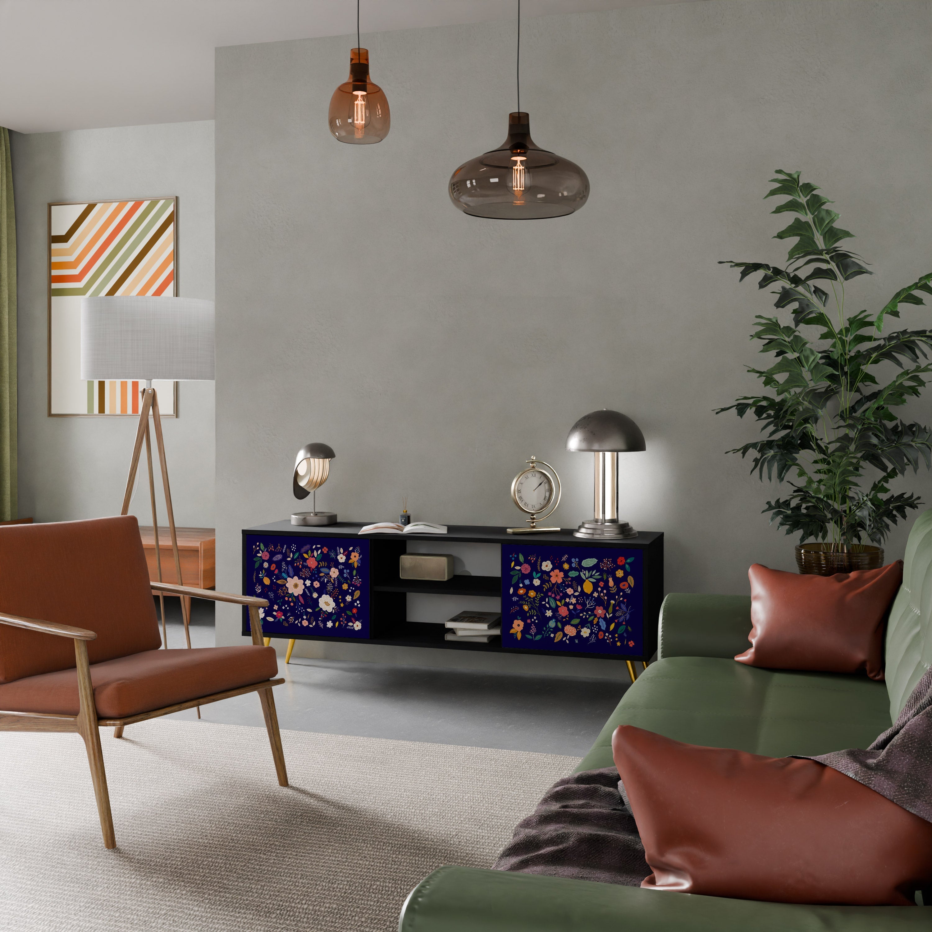 FLORAL COMBINATION 2-Door TV Stand in Black Finish