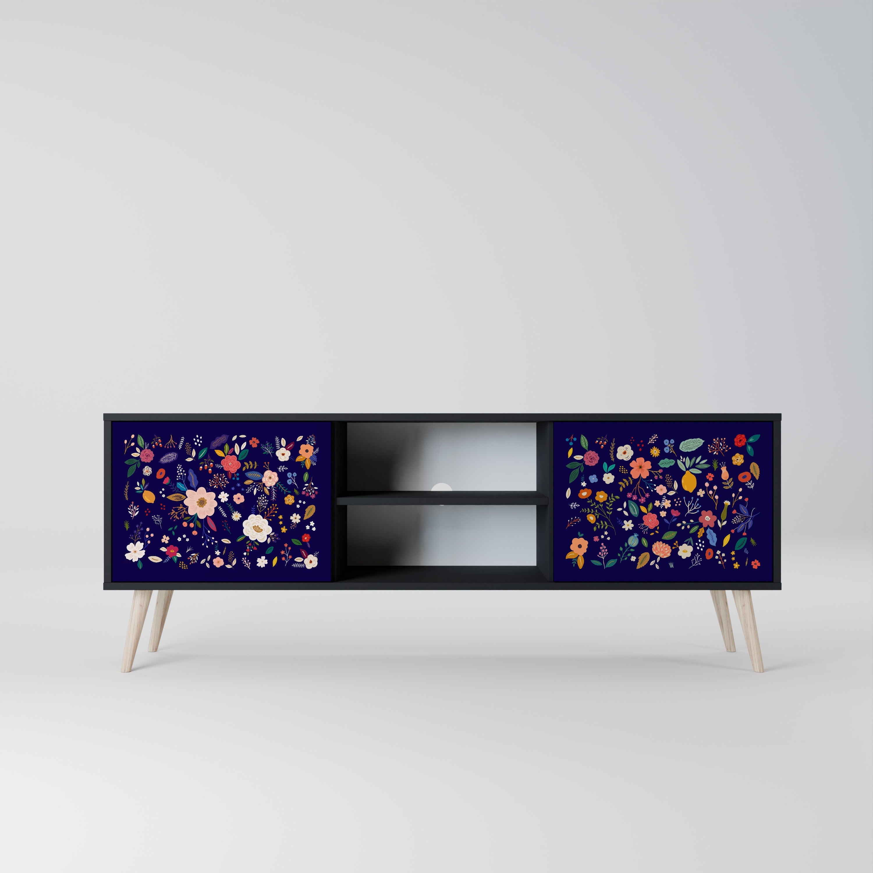 FLORAL COMBINATION 2-Door TV Stand in Black Finish