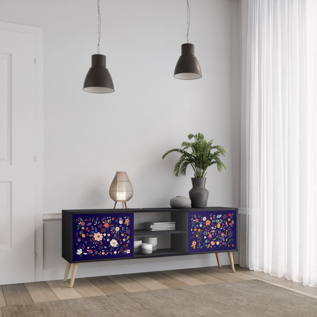 FLORAL COMBINATION 2-Door TV Stand in Black Finish