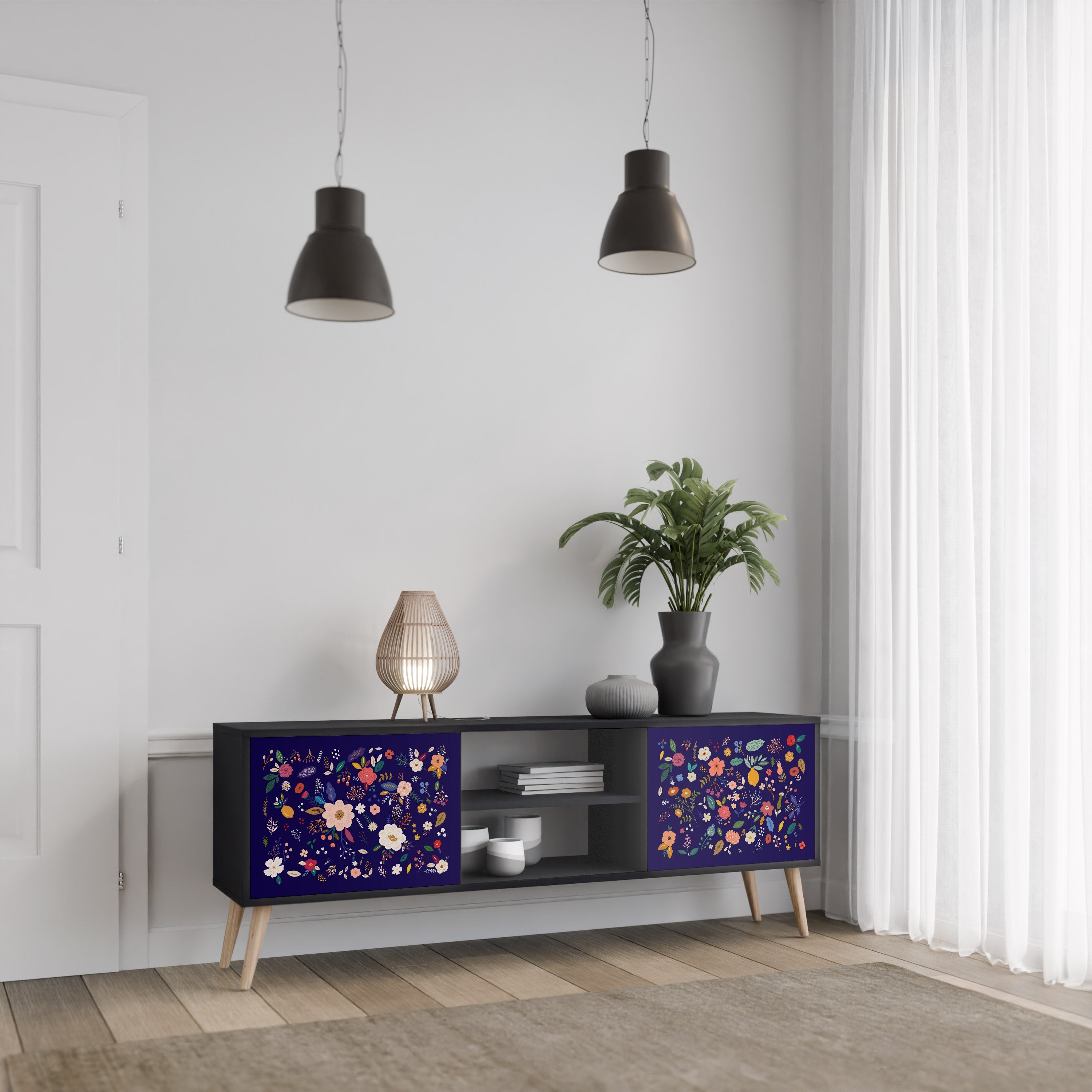 FLORAL COMBINATION 2-Door TV Stand in Black Finish