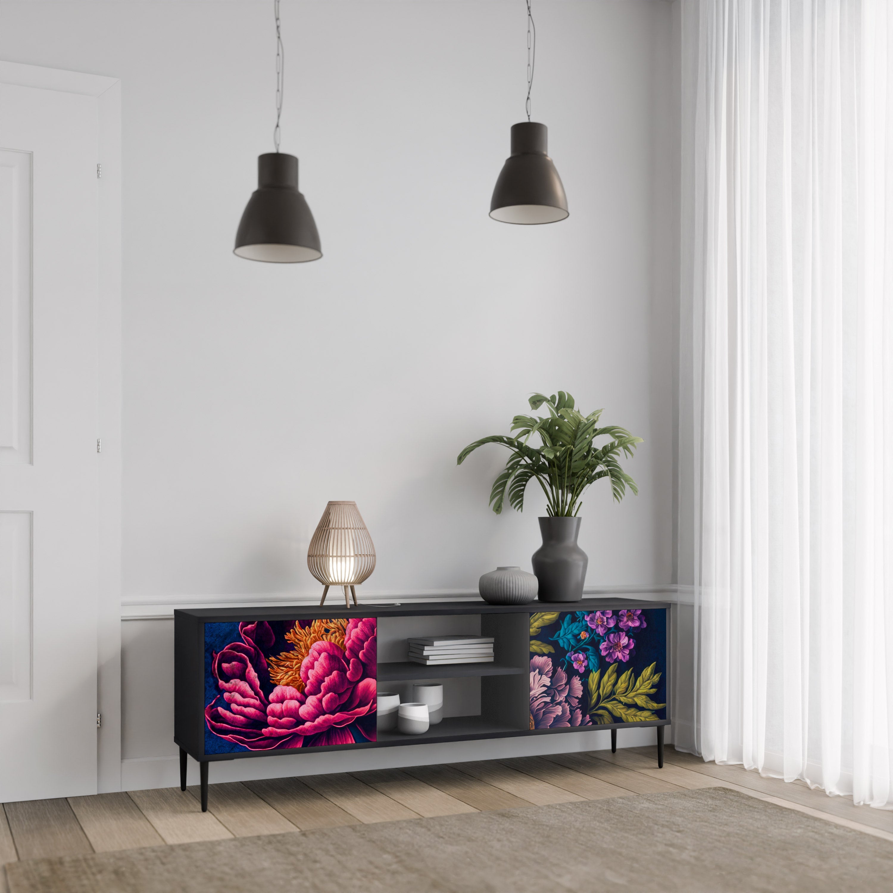 Meuble TV 2 portes BLOOMING ELEGANCE finition noire