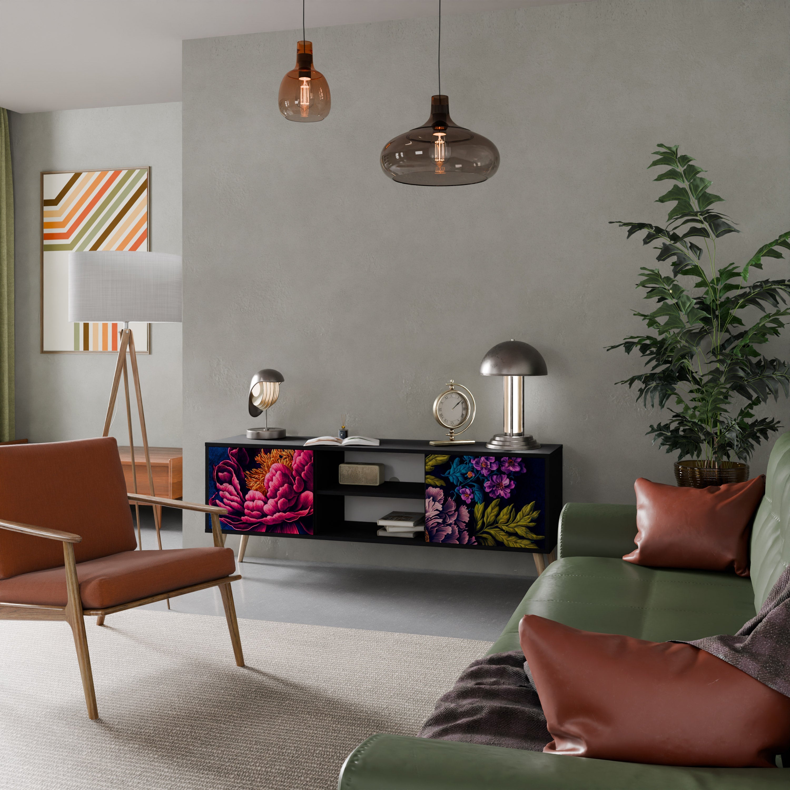 Meuble TV 2 portes BLOOMING ELEGANCE finition noire