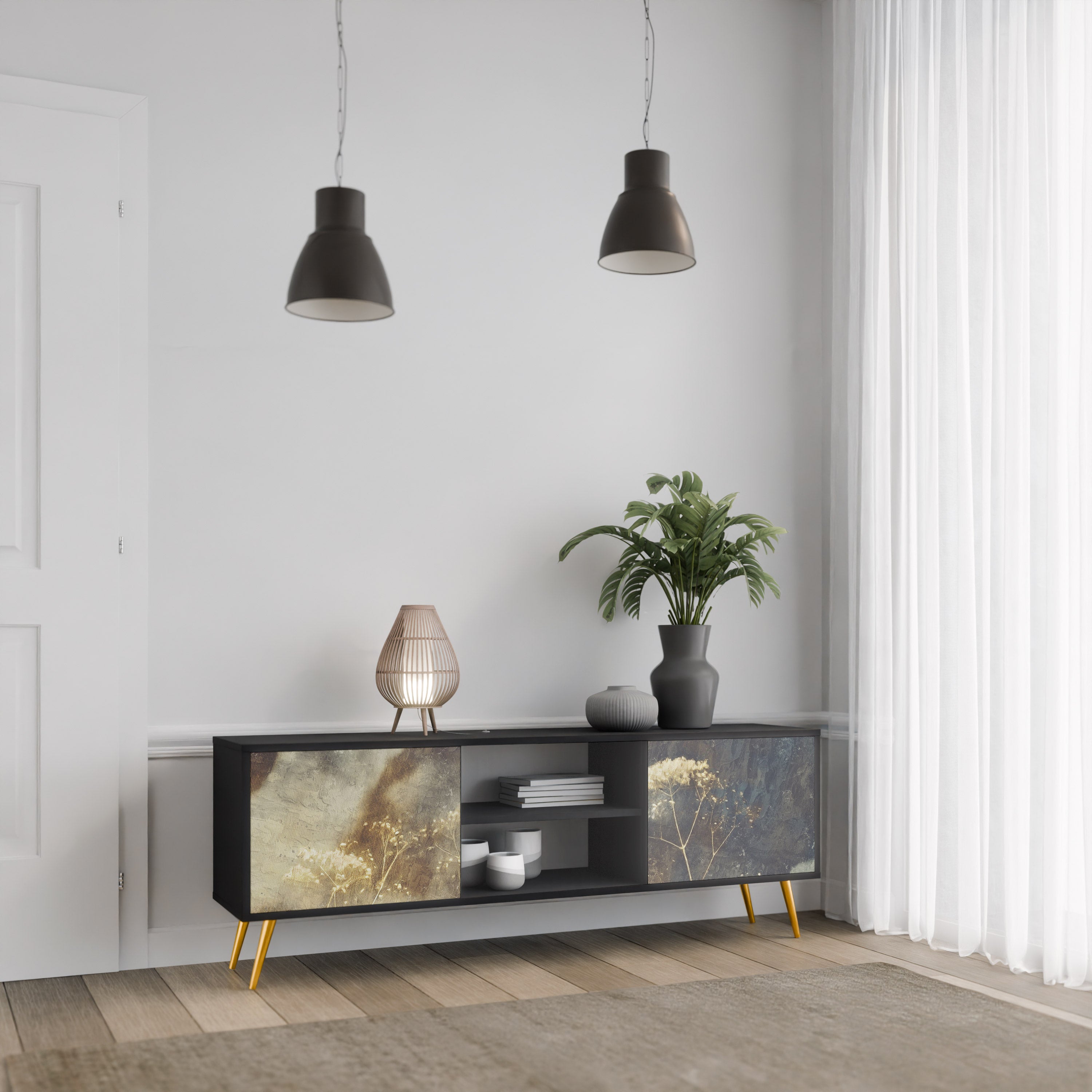 GENTLE POWER 2-Door TV Stand in Black Finish