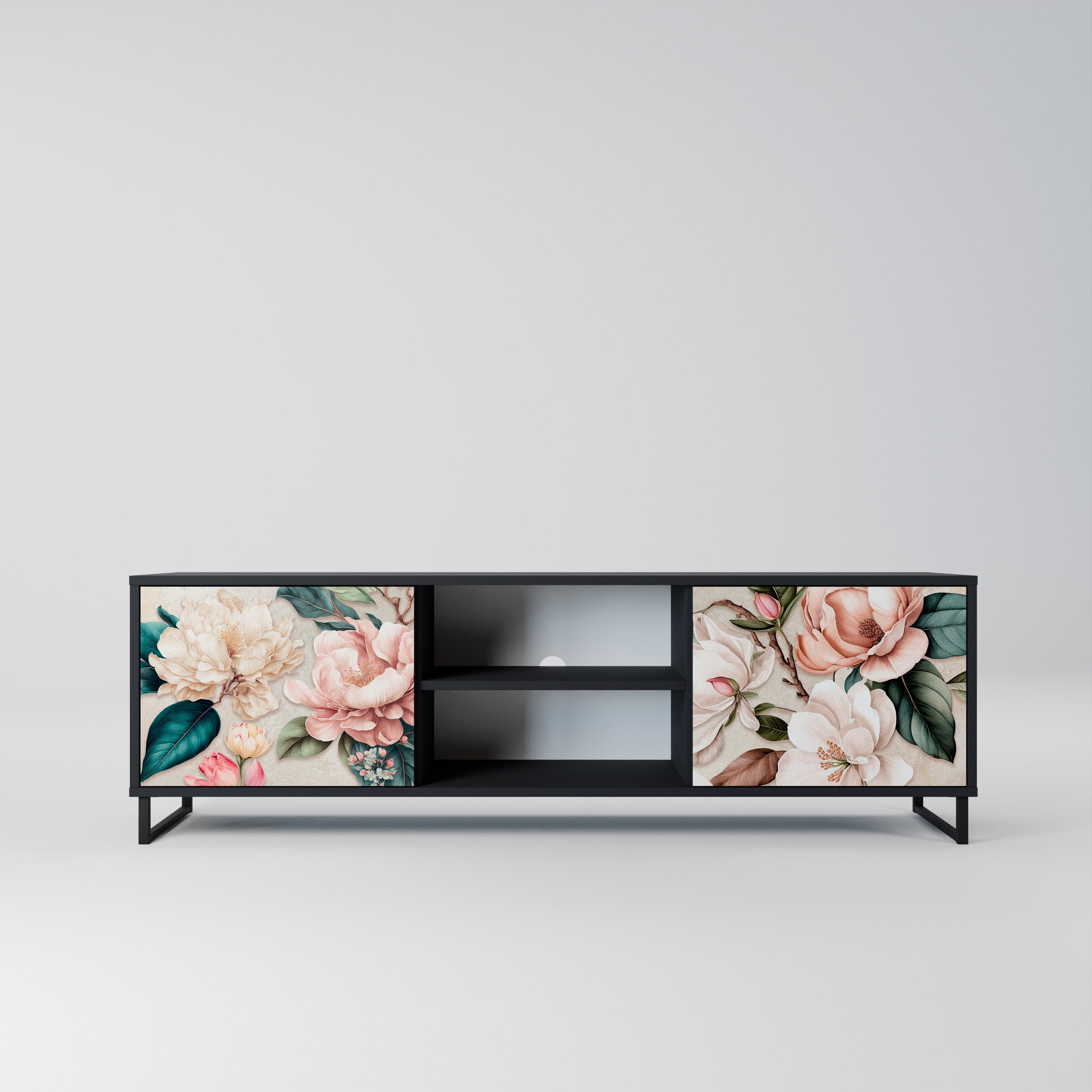 FLORAL GRACE 2-Door TV Stand in Black Finish