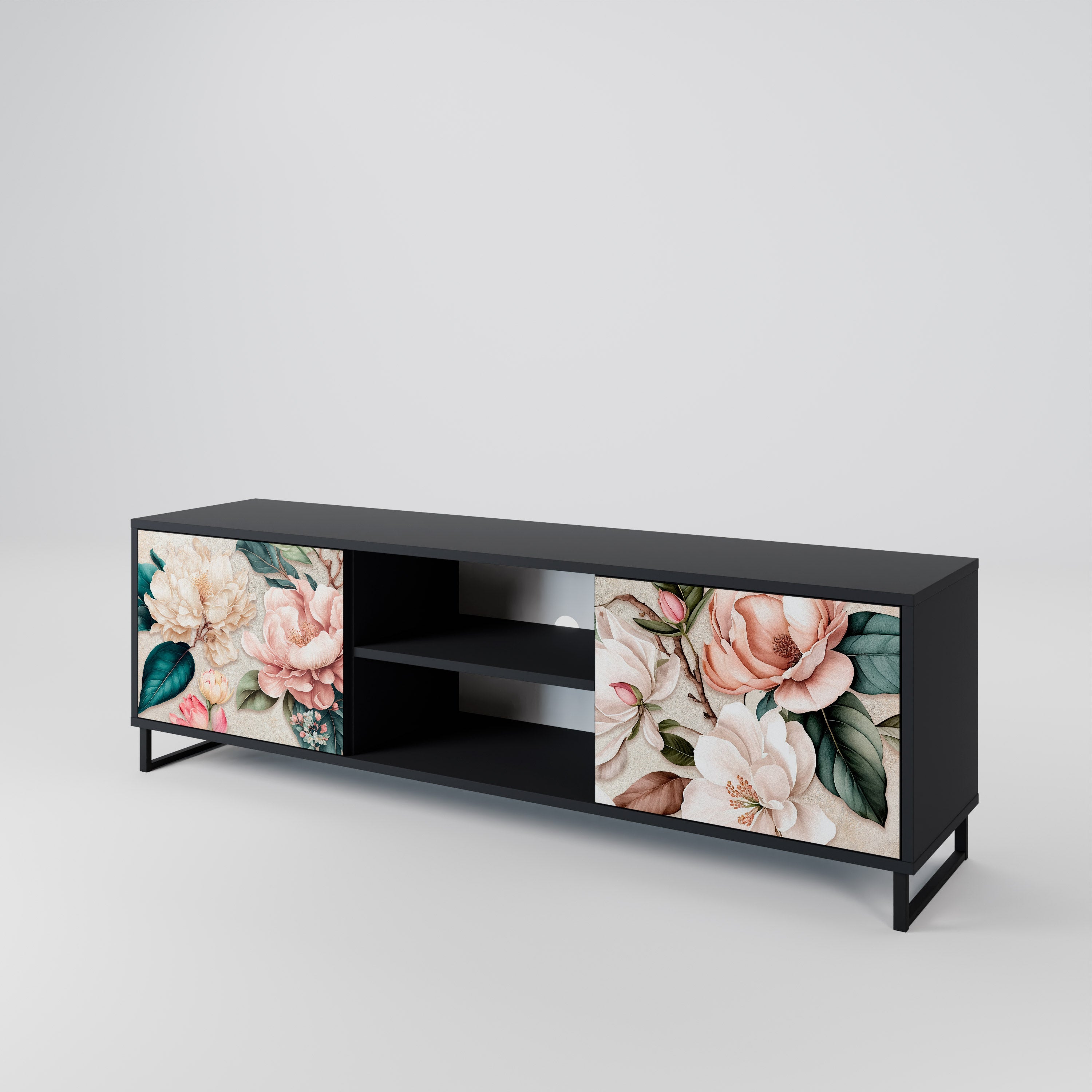 FLORAL GRACE 2-Door TV Stand in Black Finish
