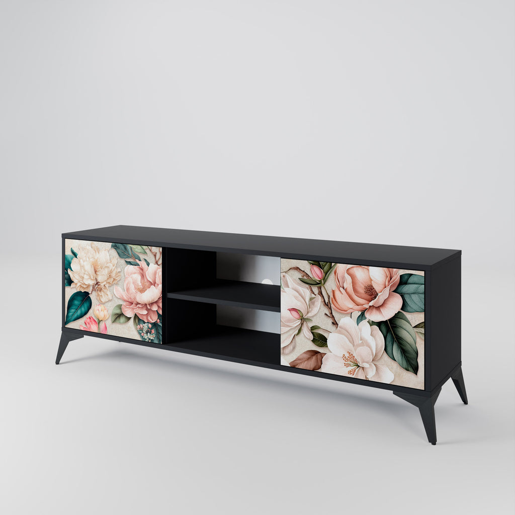 FLORAL GRACE 2-Door TV Stand in Black Finish