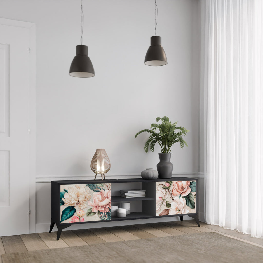 FLORAL GRACE 2-Door TV Stand in Black Finish