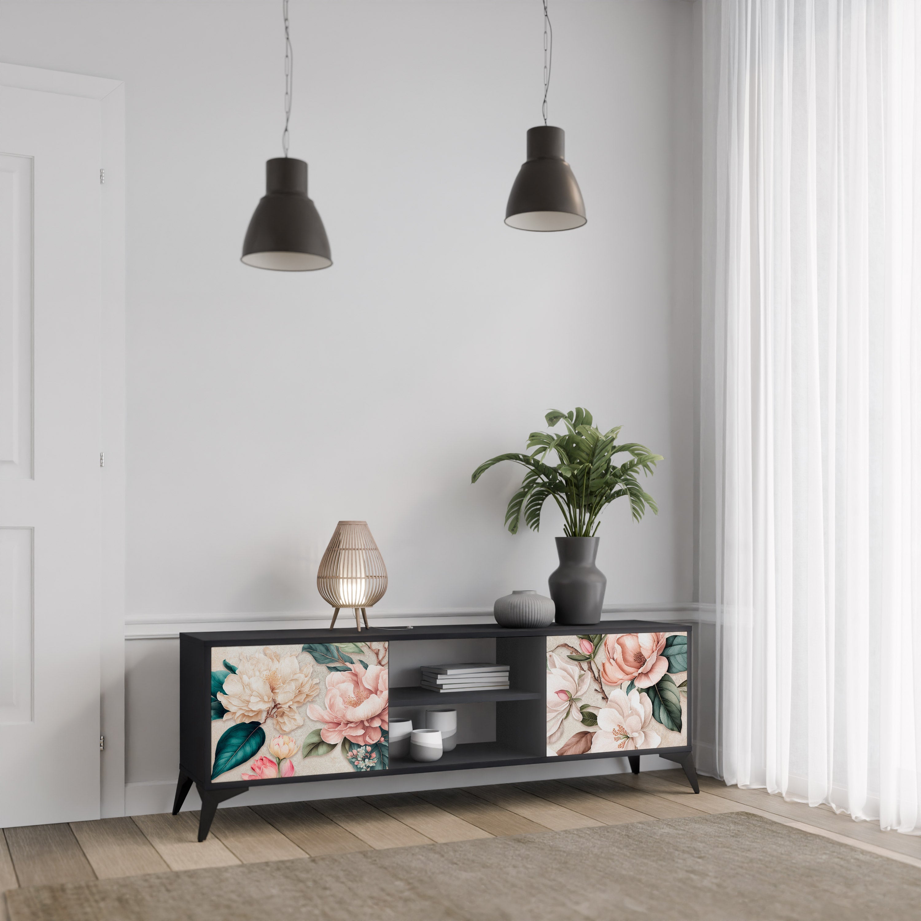 FLORAL GRACE 2-Door TV Stand in Black Finish