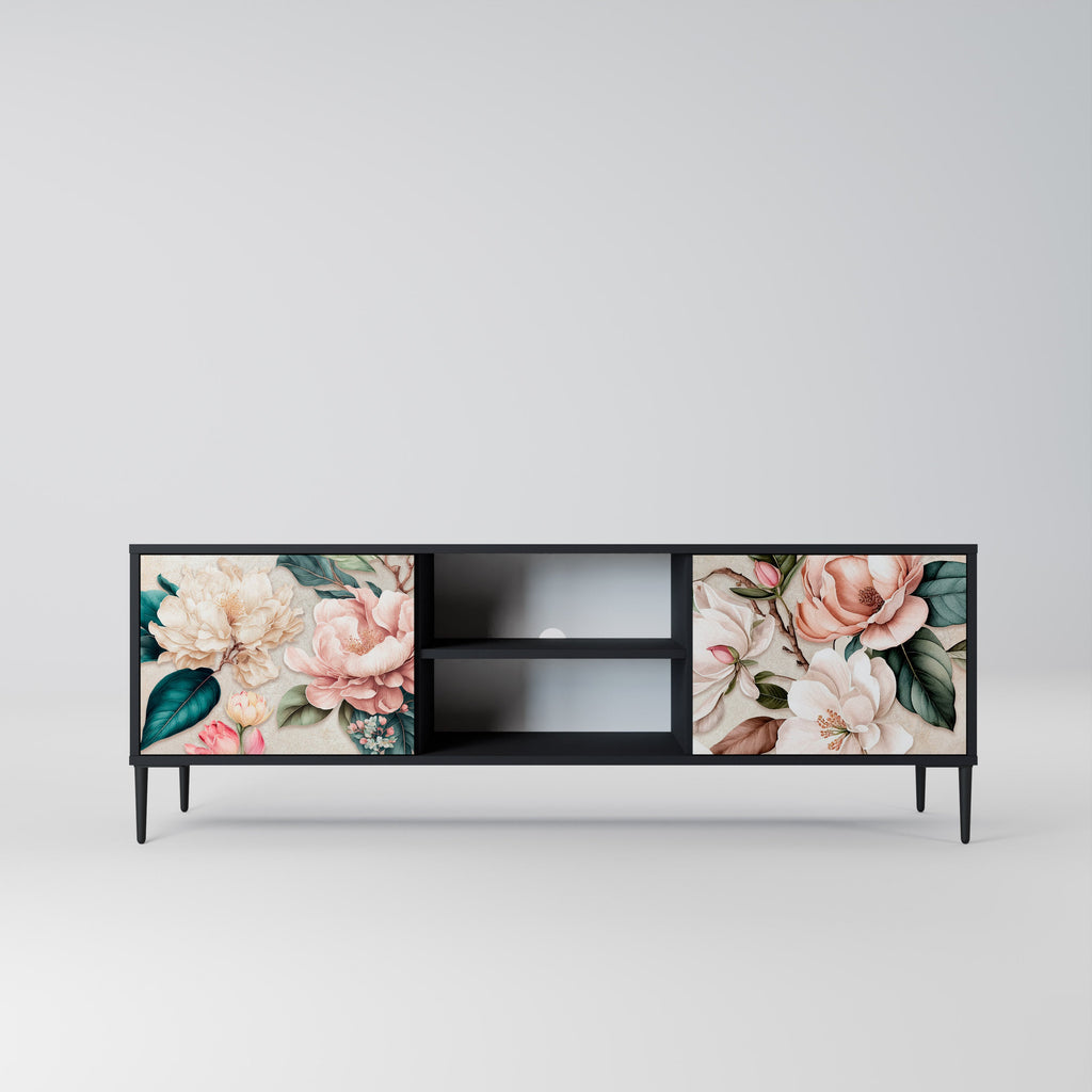 FLORAL GRACE 2-Door TV Stand in Black Finish