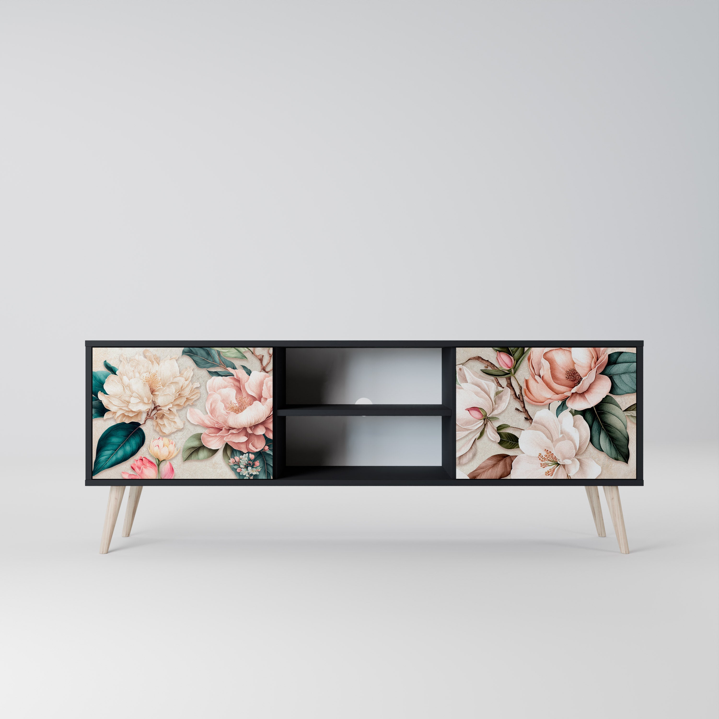 FLORAL GRACE 2-Door TV Stand in Black Finish
