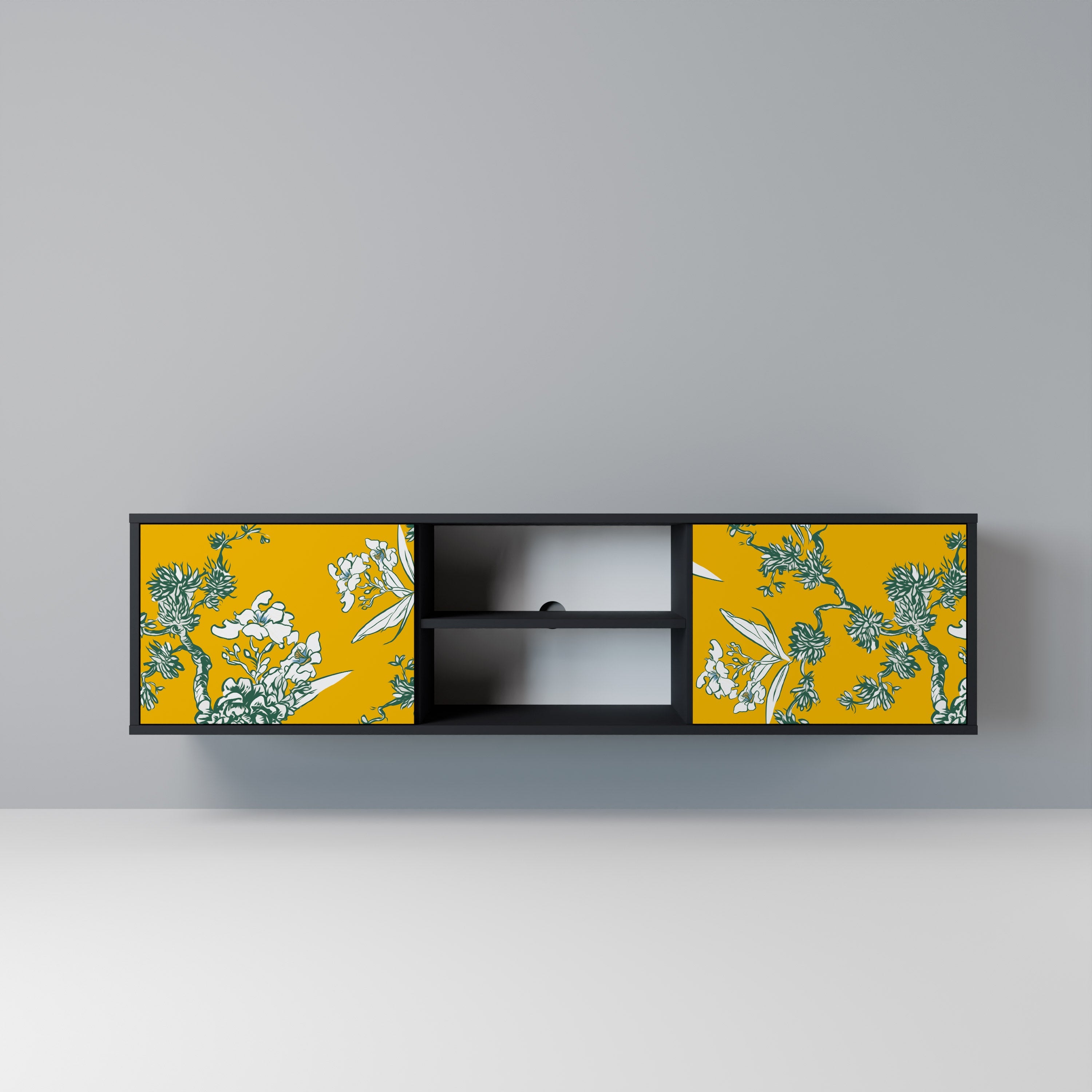 YELLOW CHINOISERIE 2-Door TV Stand in Black Finish