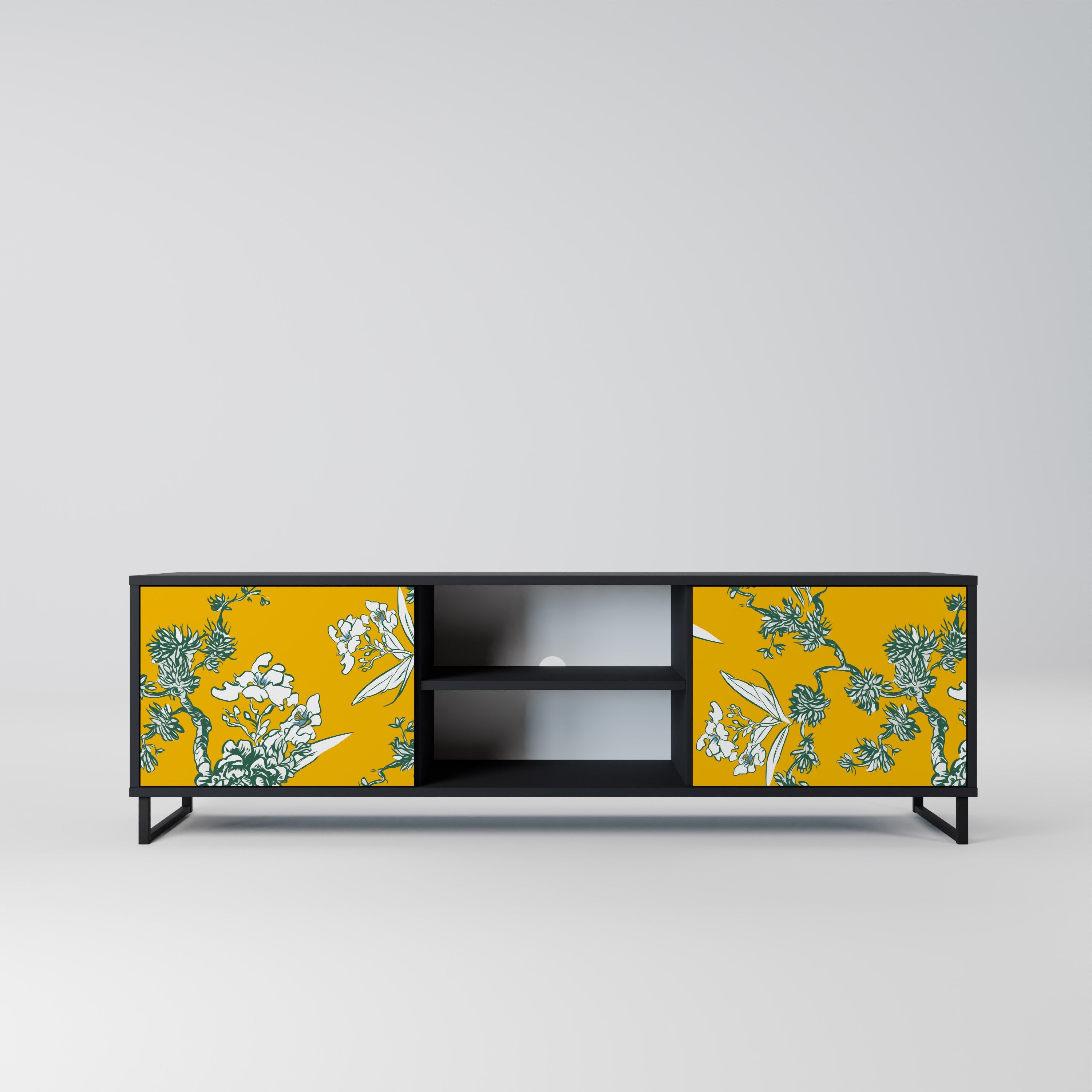 YELLOW CHINOISERIE 2-Door TV Stand in Black Finish