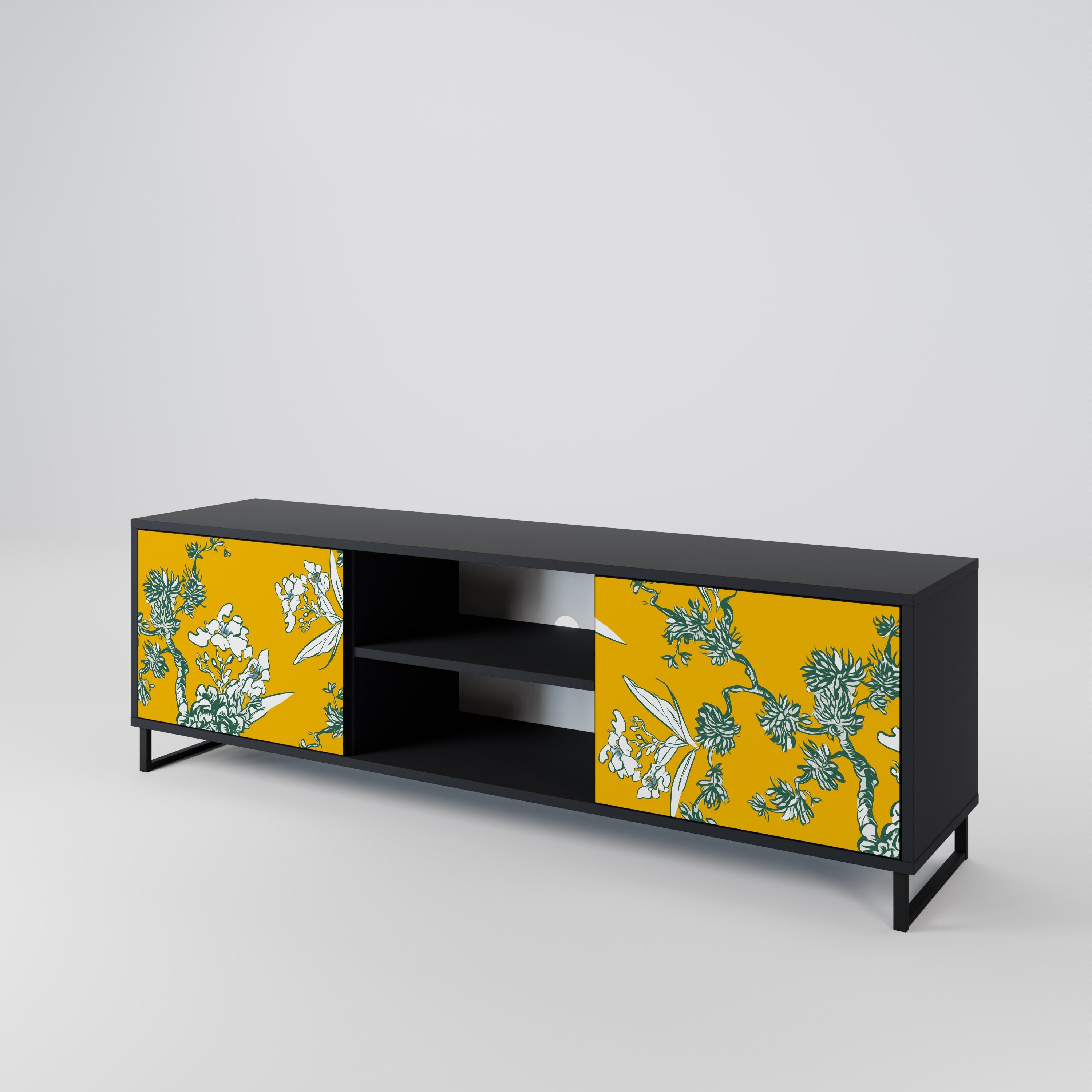 YELLOW CHINOISERIE 2-Door TV Stand in Black Finish