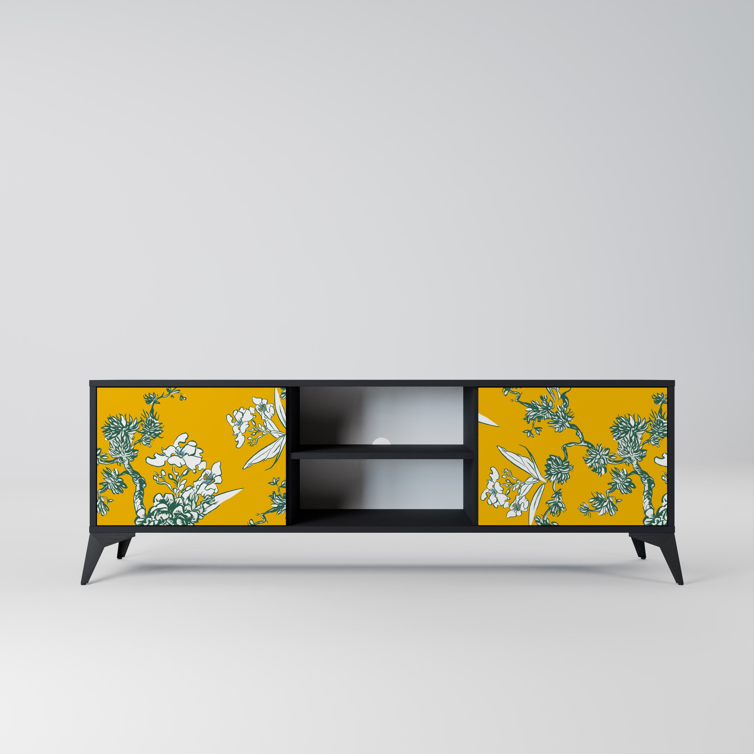 YELLOW CHINOISERIE 2-Door TV Stand in Black Finish