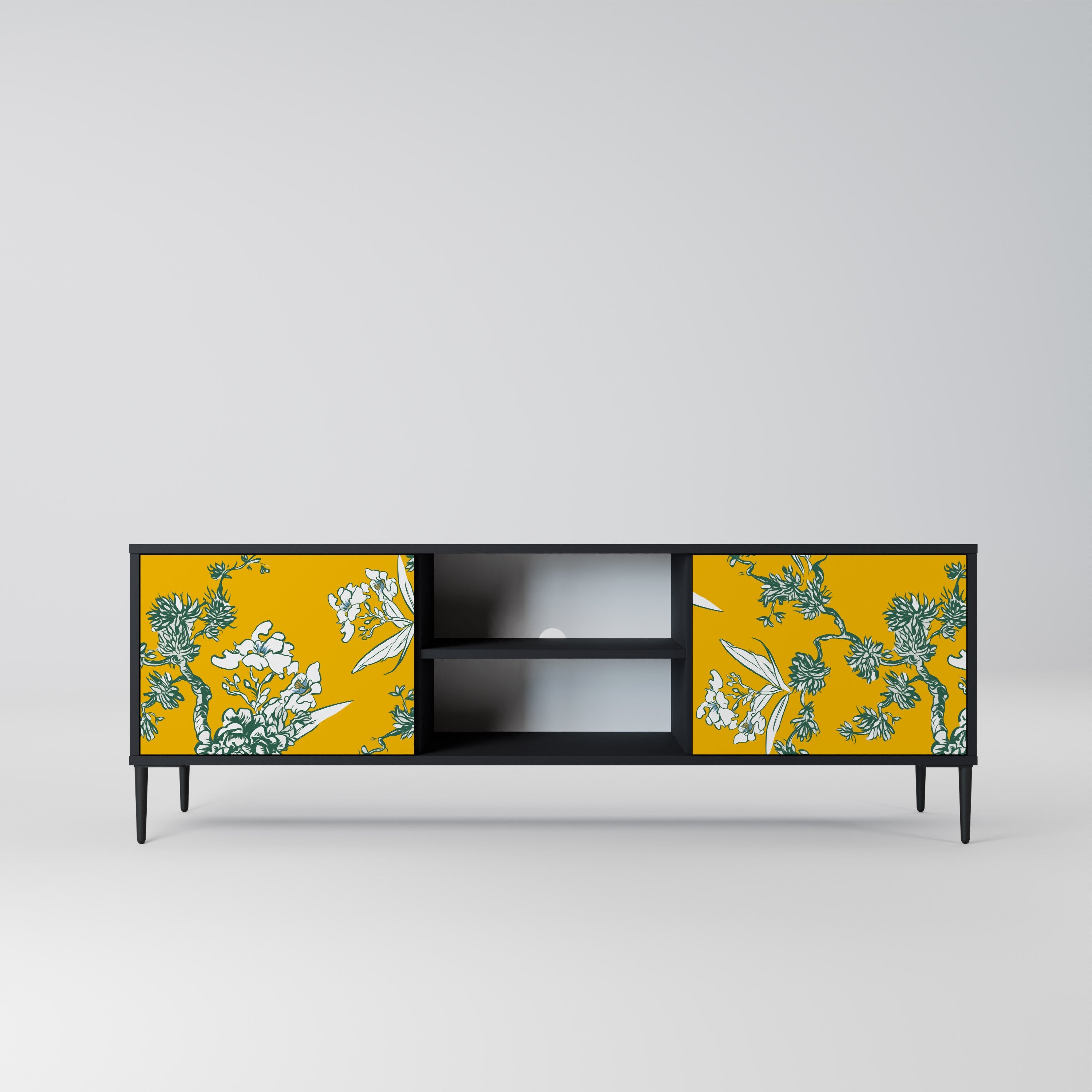 YELLOW CHINOISERIE 2-Door TV Stand in Black Finish