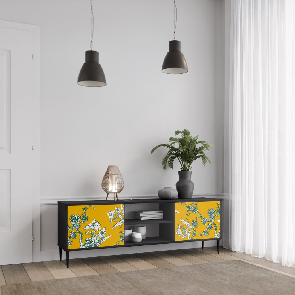 YELLOW CHINOISERIE 2-Door TV Stand in Black Finish
