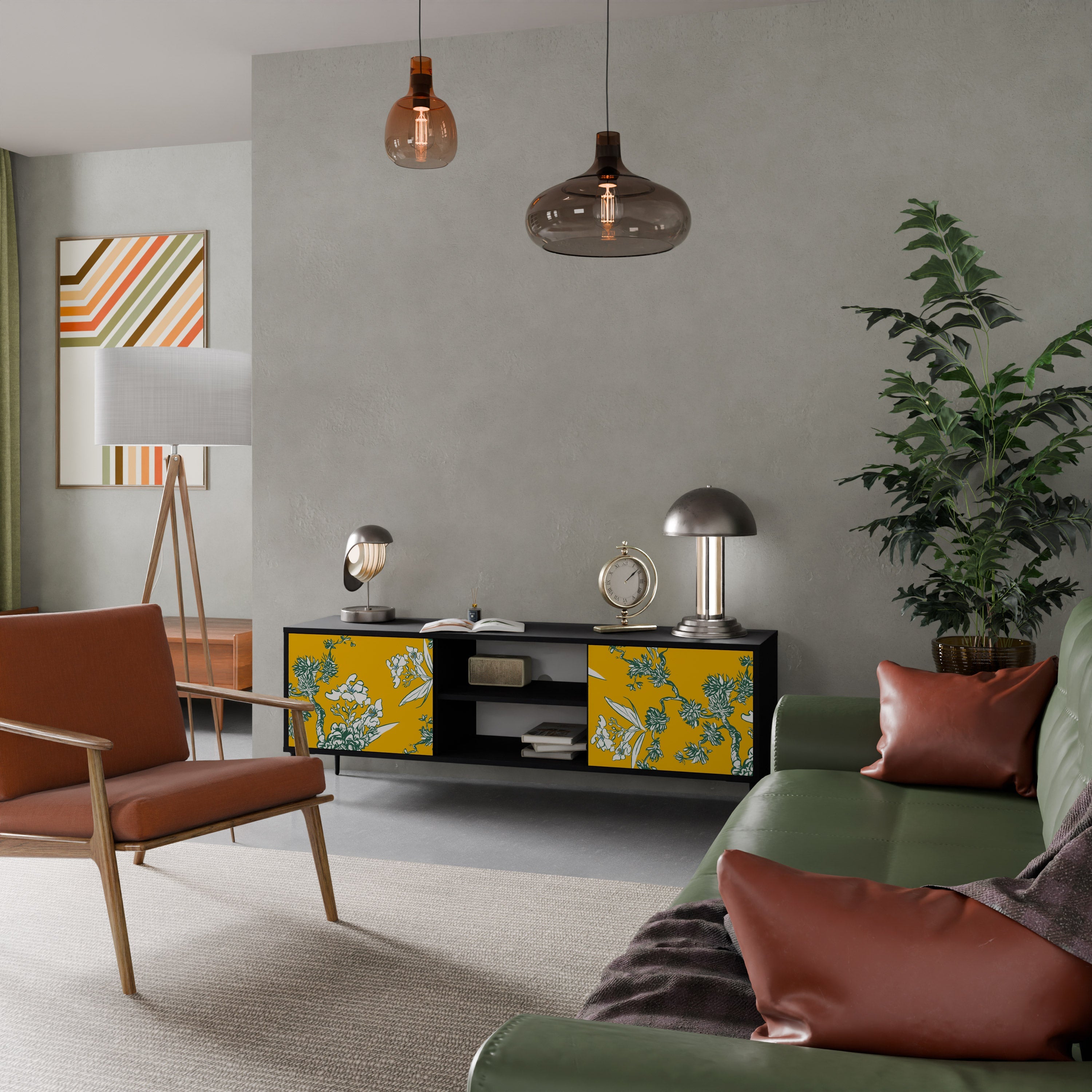 YELLOW CHINOISERIE 2-Door TV Stand in Black Finish