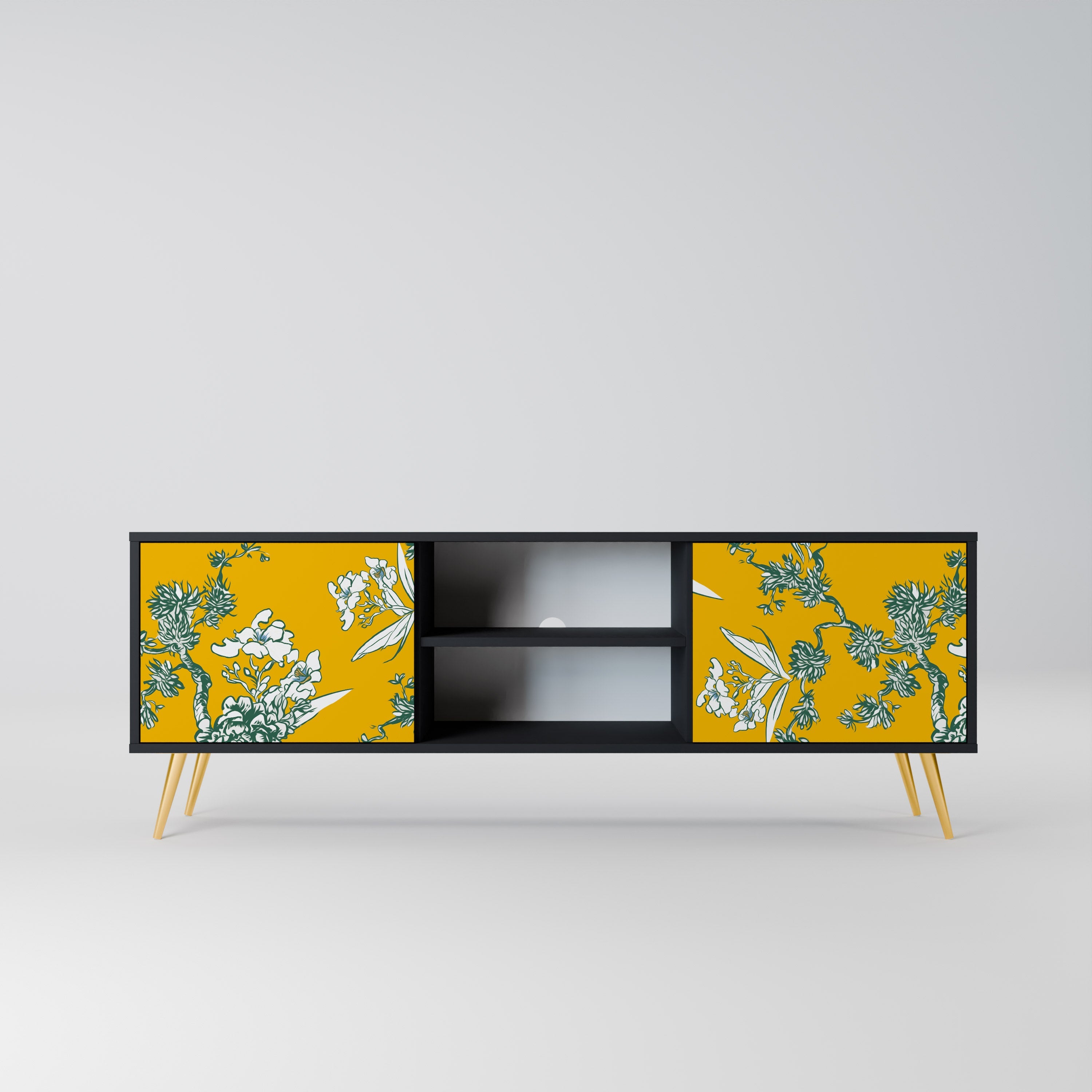 YELLOW CHINOISERIE 2-Door TV Stand in Black Finish