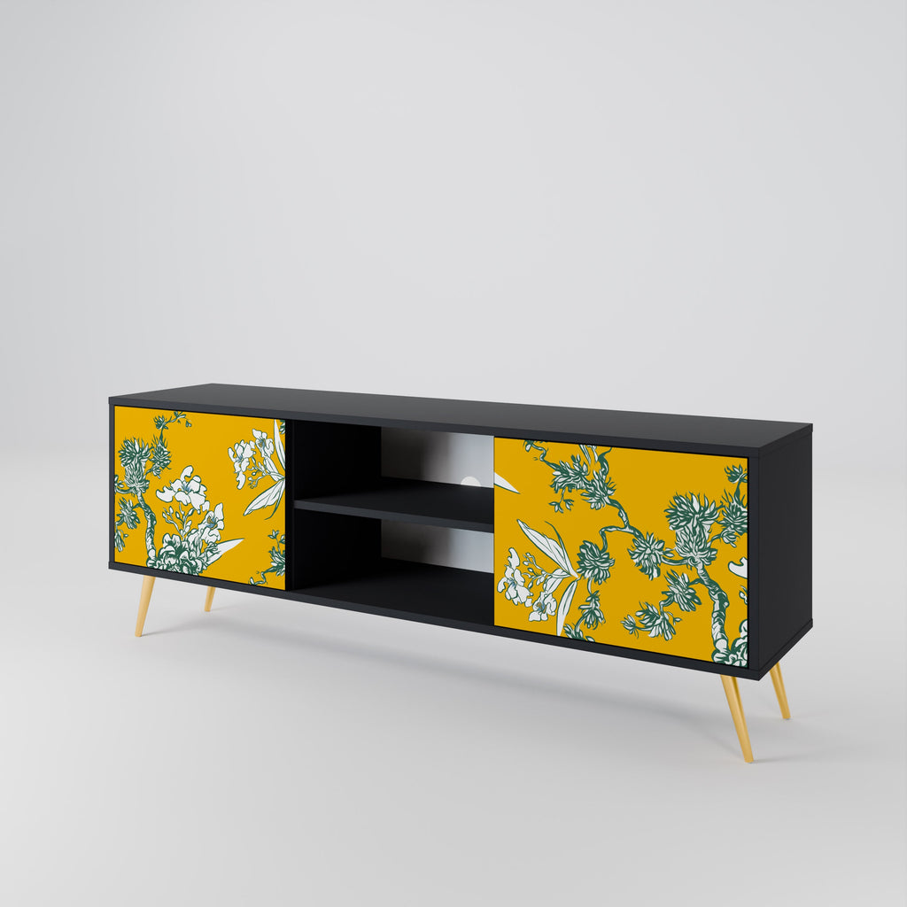 YELLOW CHINOISERIE 2-Door TV Stand in Black Finish