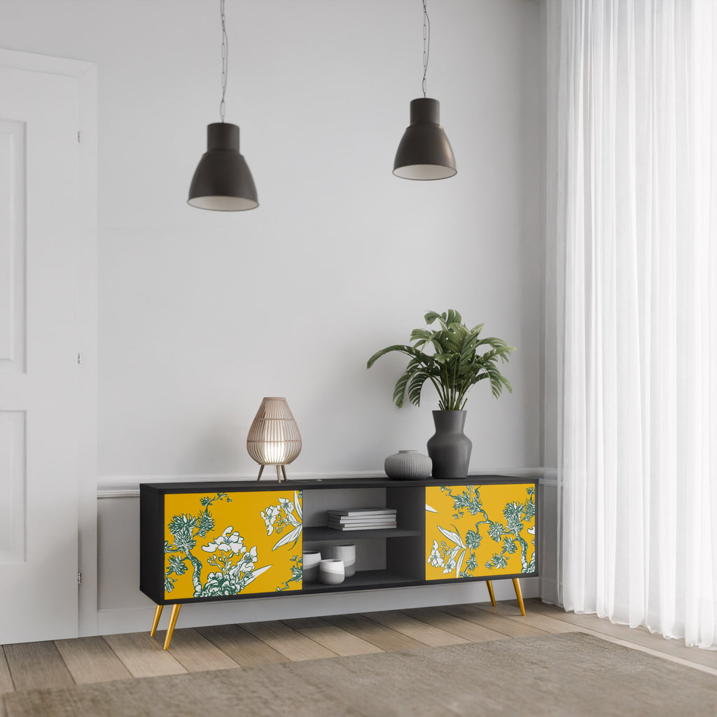 YELLOW CHINOISERIE 2-Door TV Stand in Black Finish