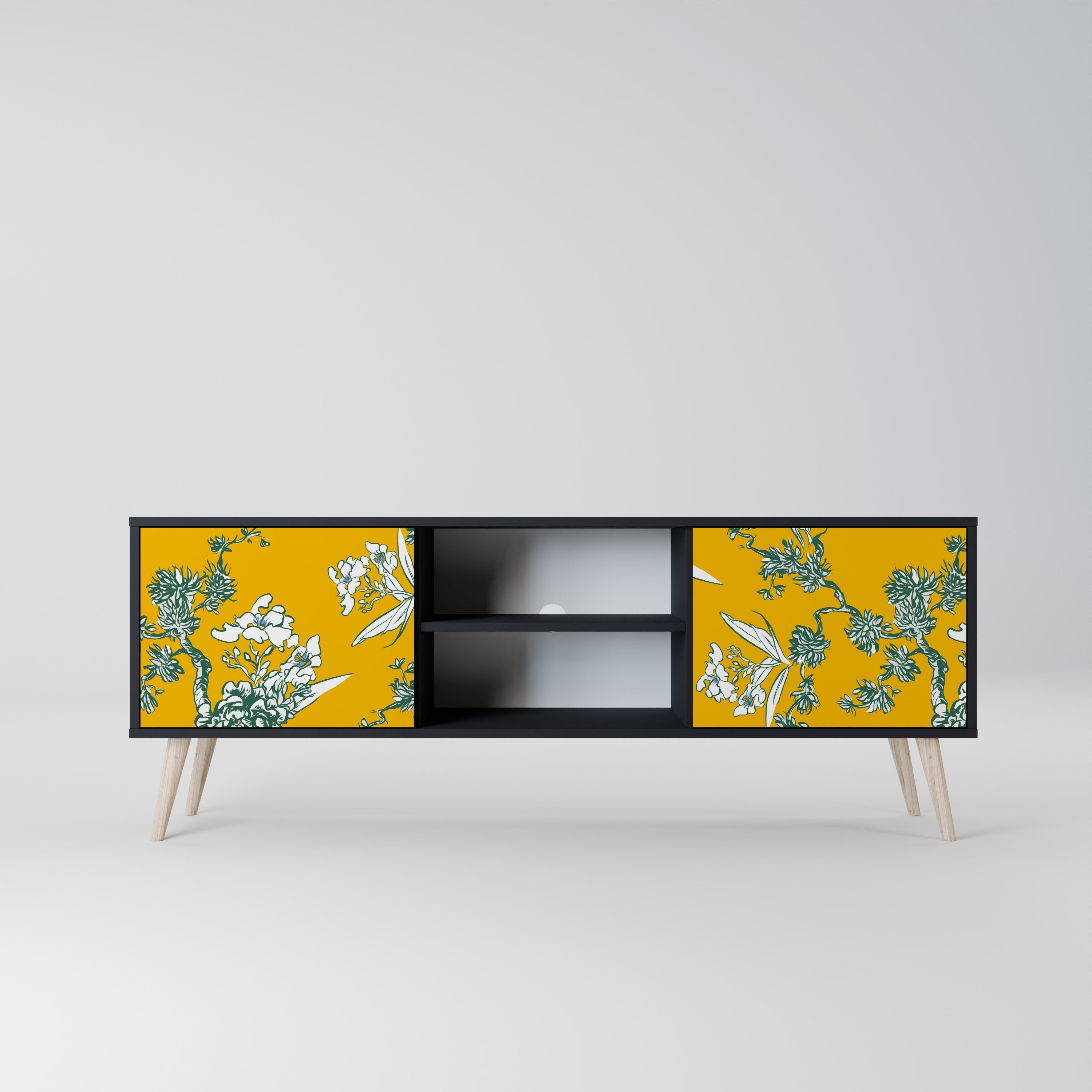 YELLOW CHINOISERIE 2-Door TV Stand in Black Finish