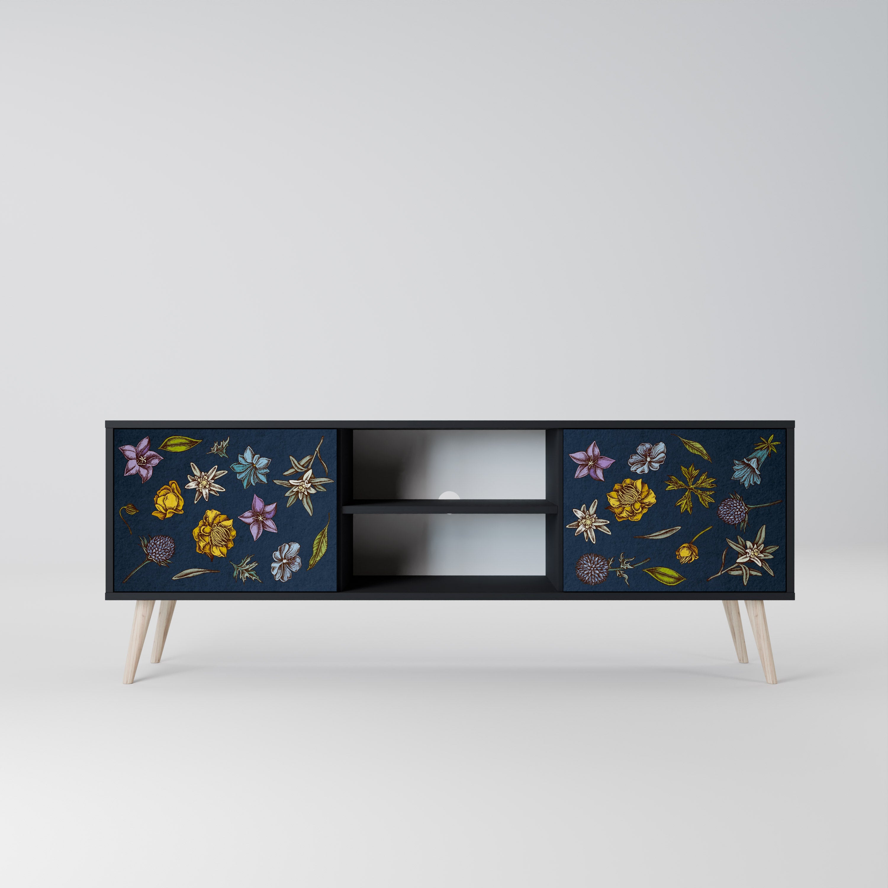 FLOWERS ON NAVY BLUE 2-Door TV Stand in Black Finish
