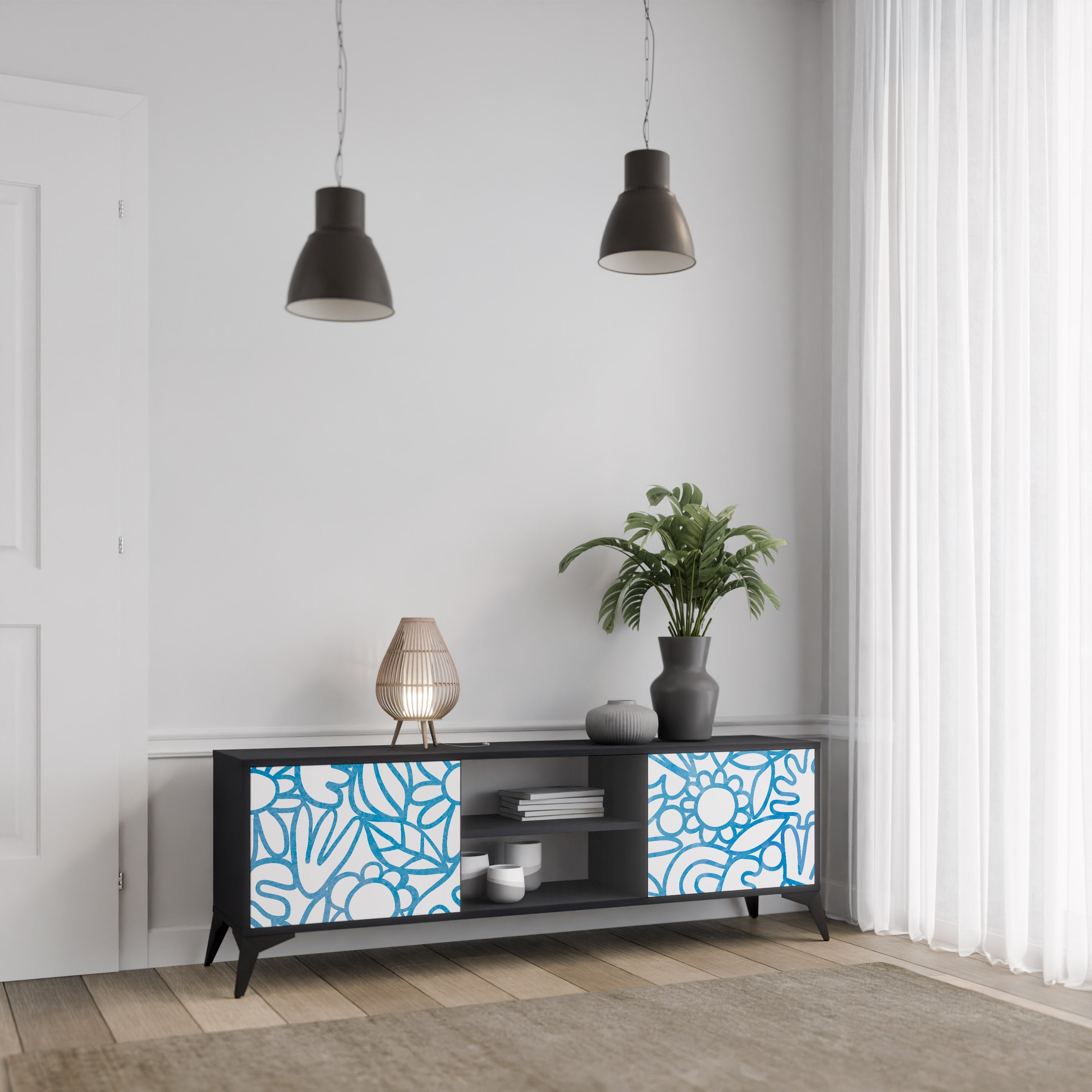 Meuble TV 2 portes BLOOMY MORNING finition noire