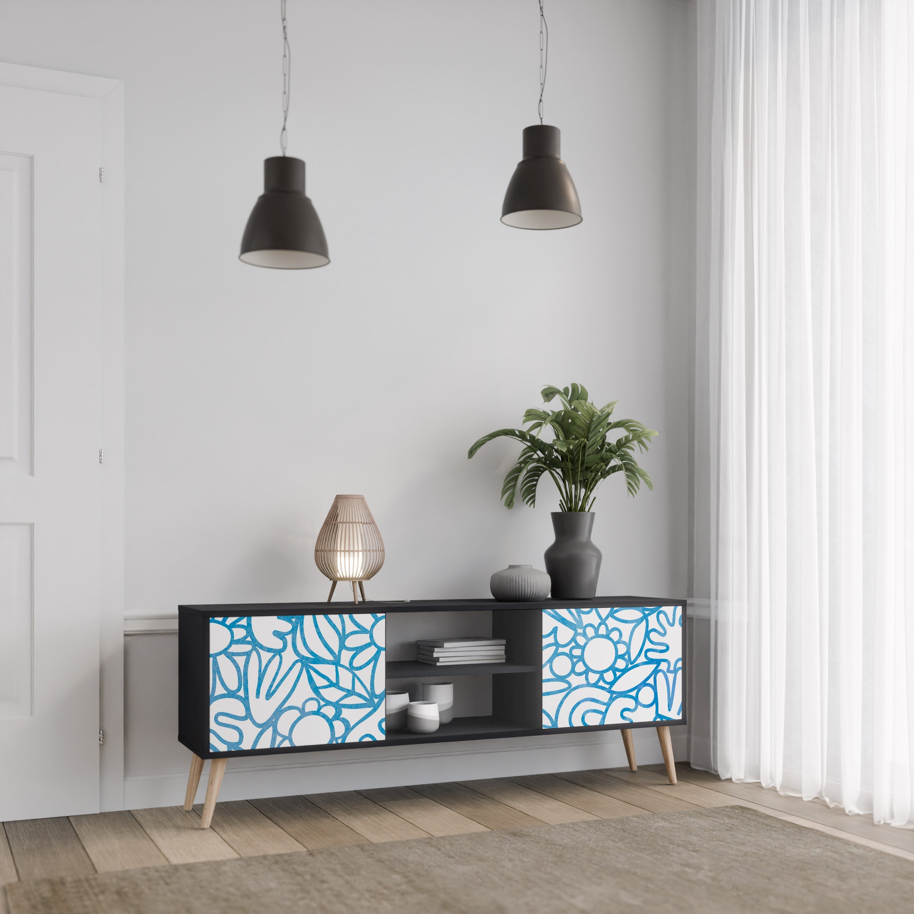 Meuble TV 2 portes BLOOMY MORNING finition noire