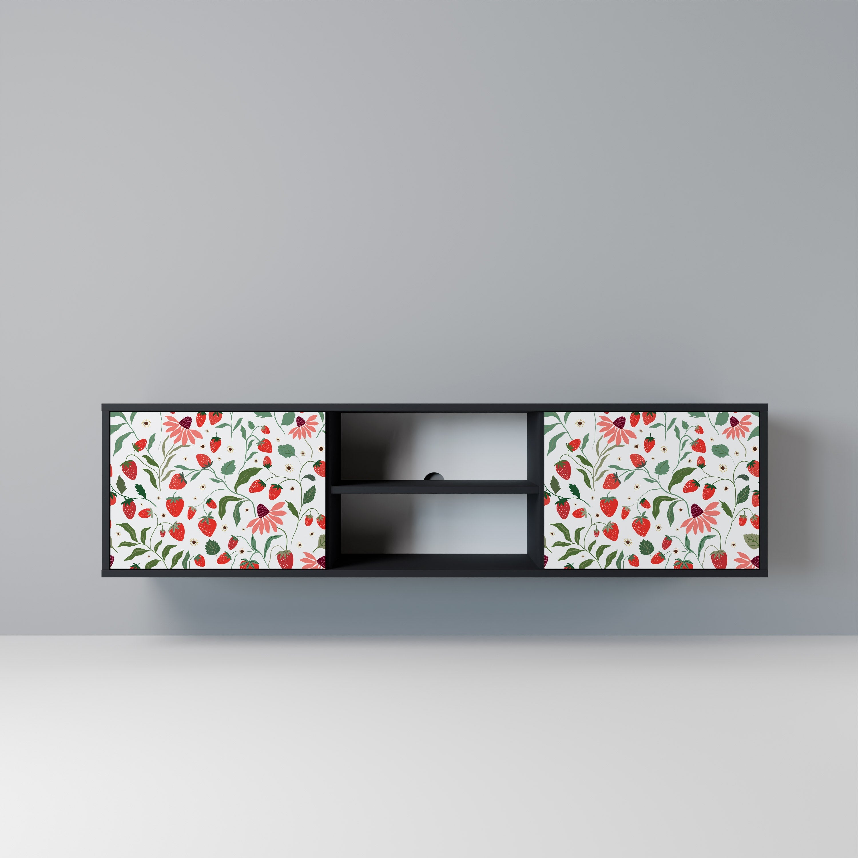 FLOWERS AND STRAWBERRIES 2-Door TV Stand in Black Finish