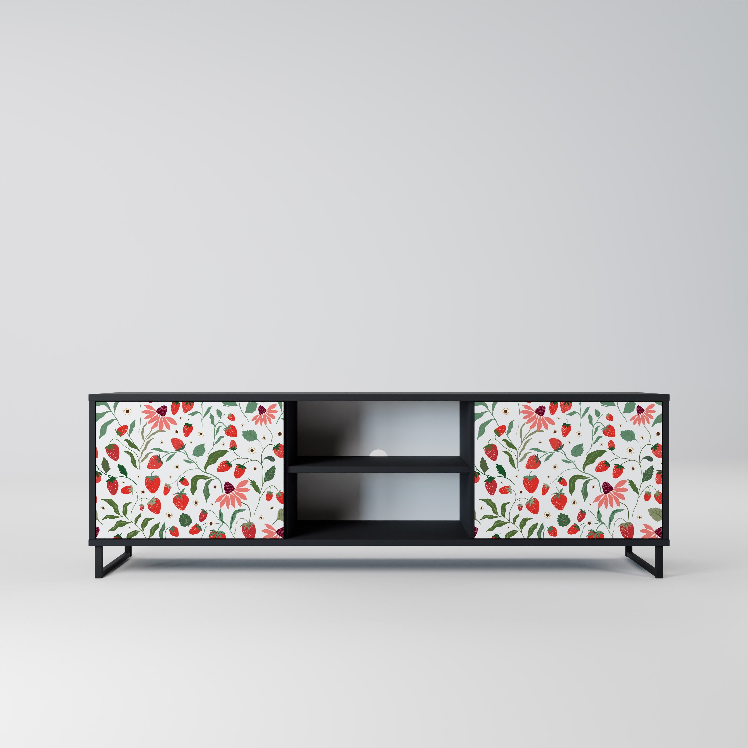 FLOWERS AND STRAWBERRIES 2-Door TV Stand in Black Finish