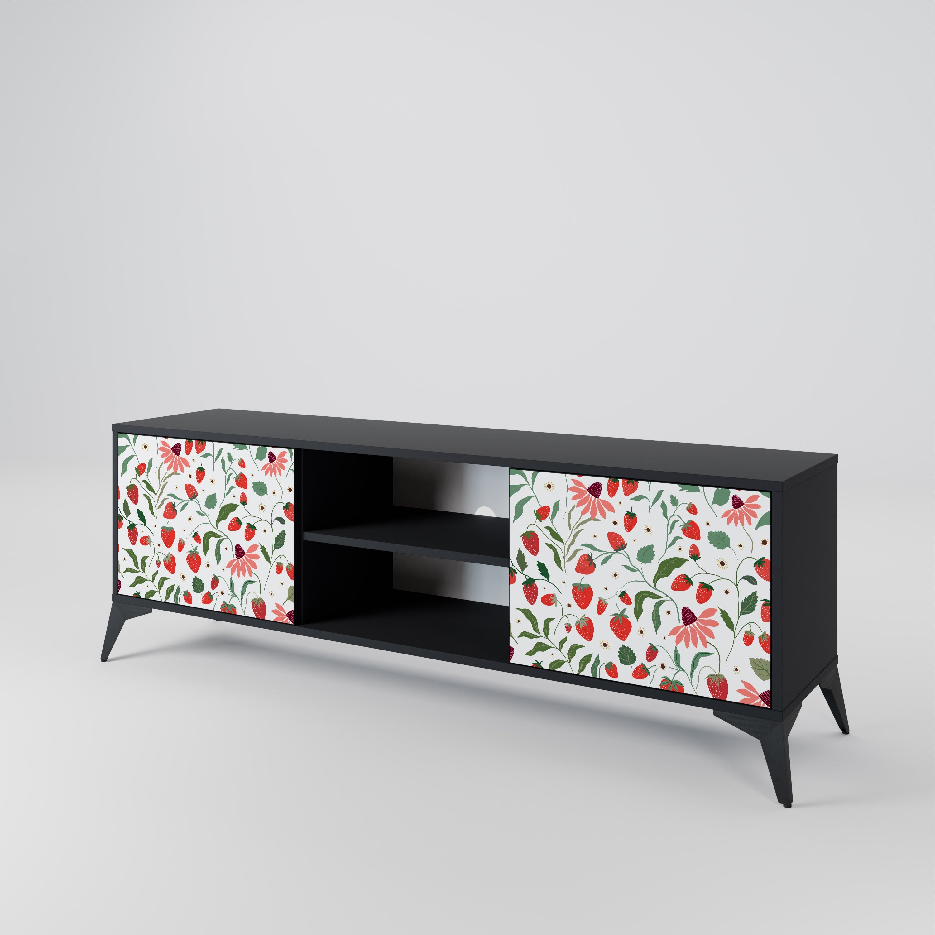 FLOWERS AND STRAWBERRIES 2-Door TV Stand in Black Finish