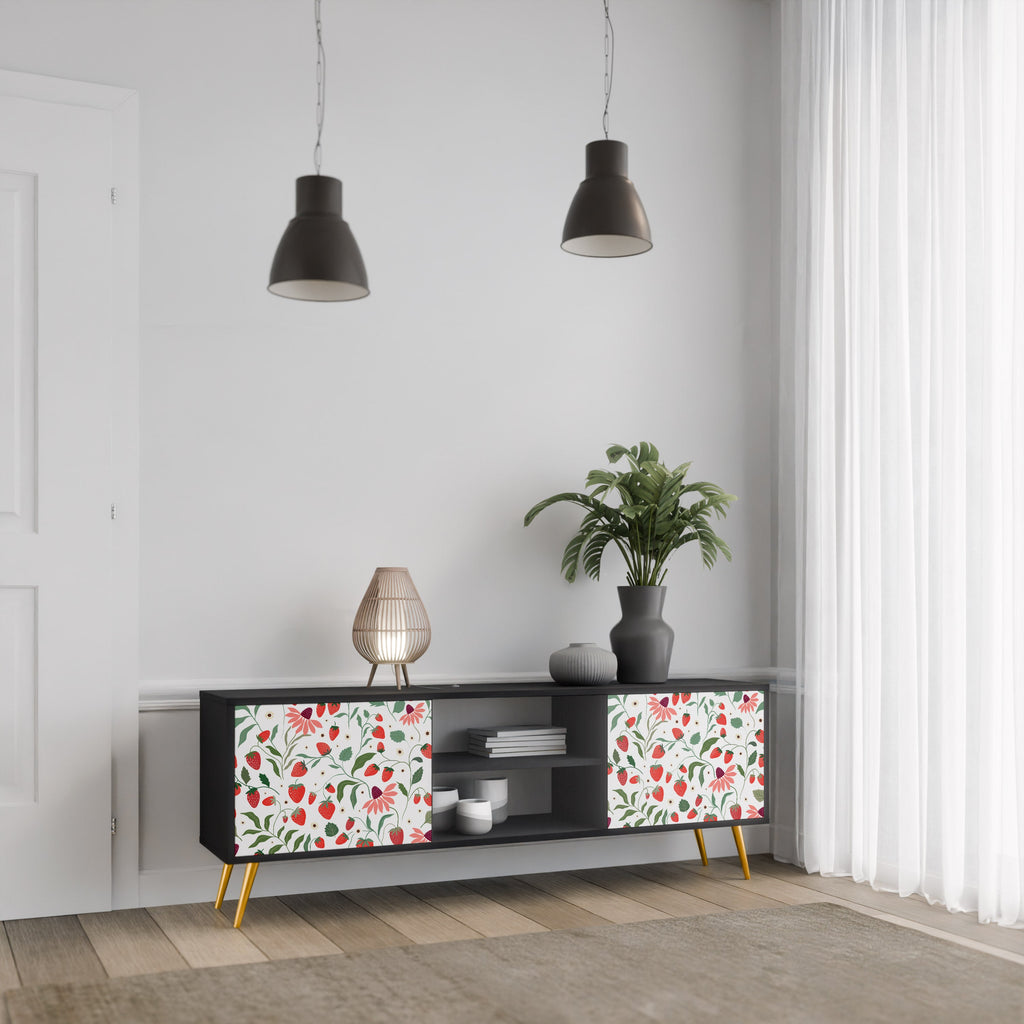 FLOWERS AND STRAWBERRIES 2-Door TV Stand in Black Finish