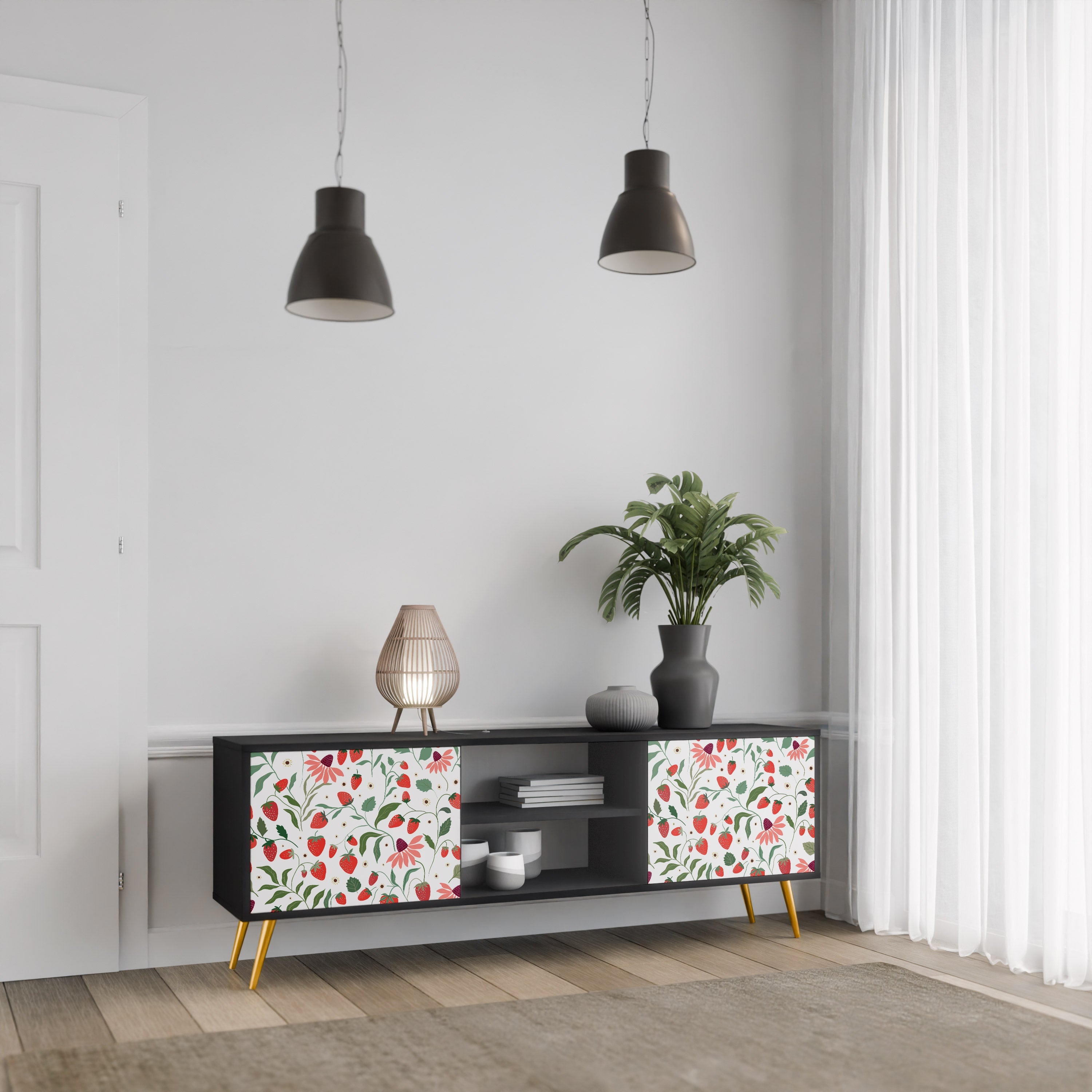 FLOWERS AND STRAWBERRIES 2-Door TV Stand in Black Finish