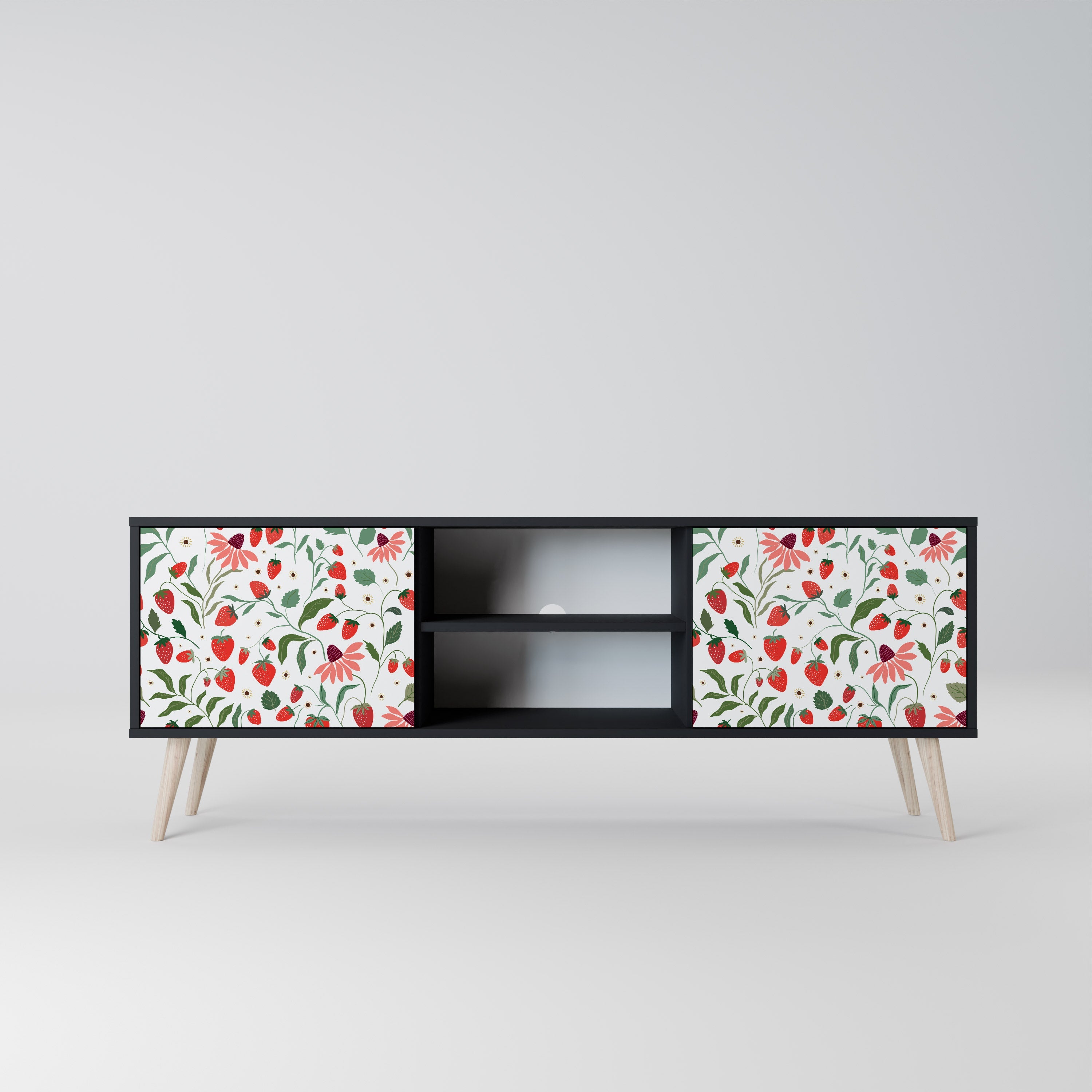 FLOWERS AND STRAWBERRIES 2-Door TV Stand in Black Finish