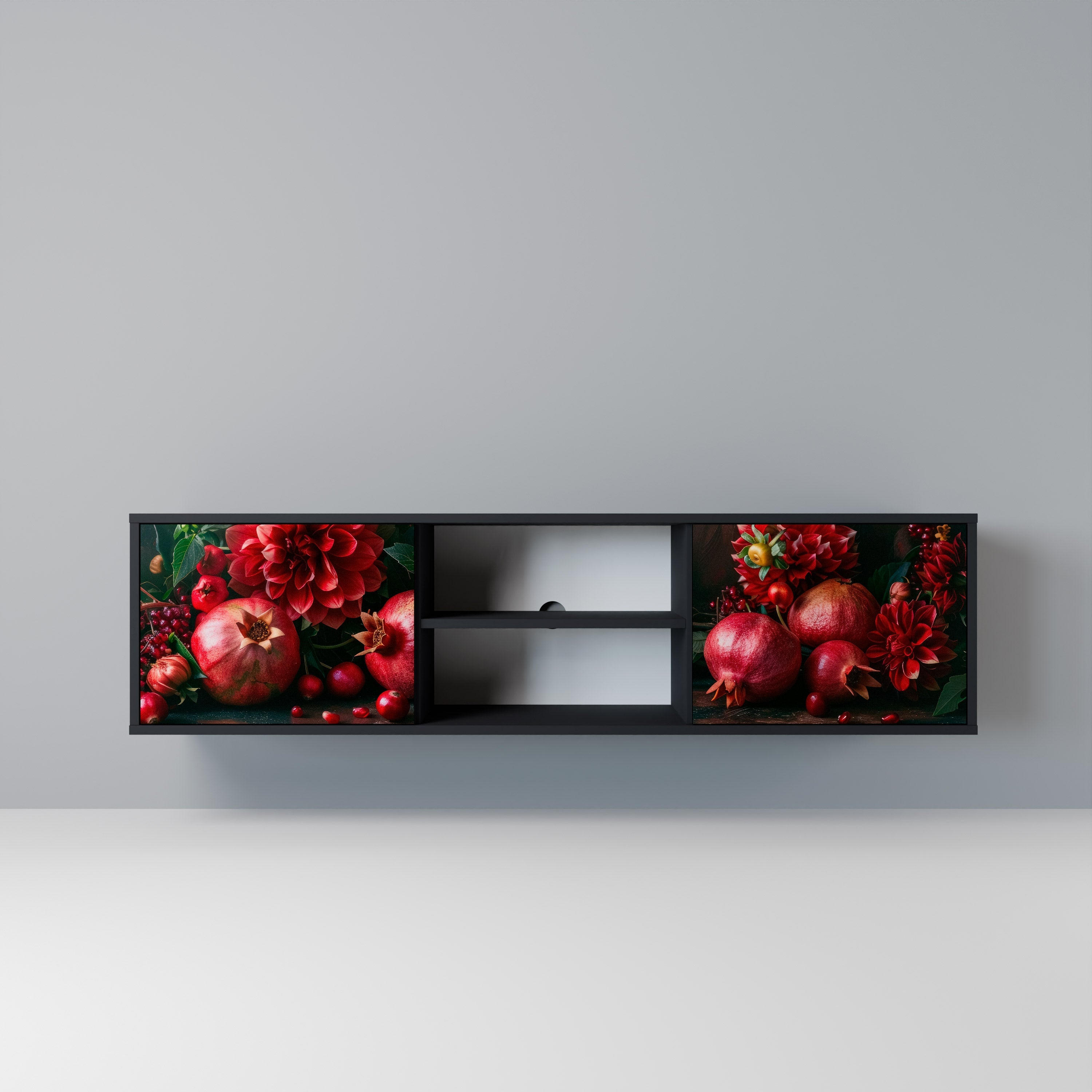 DAHLIAS AND POMEGRANATES 2-Door TV Stand in Black Finish