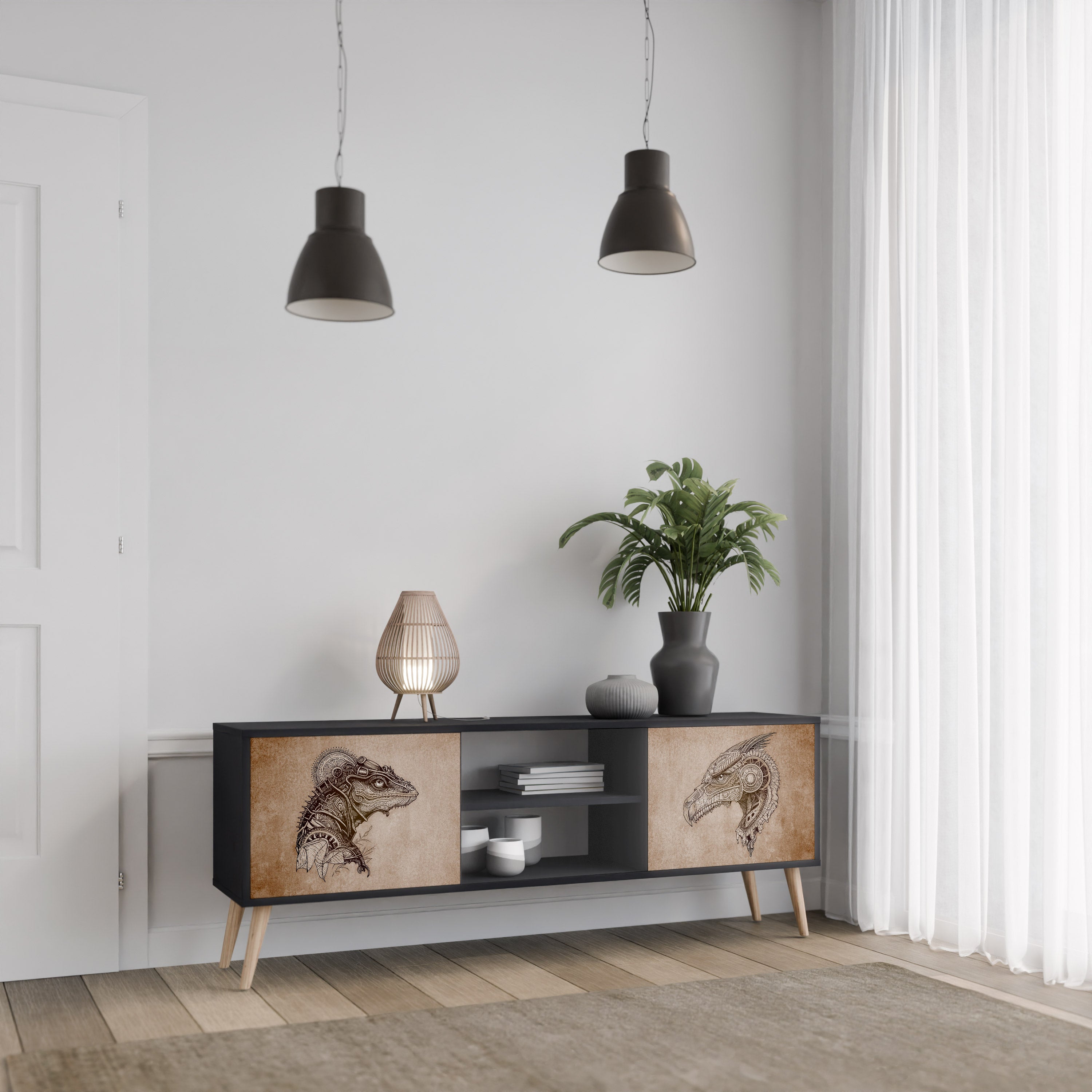 STEAMPUNK CLAN 2-Door TV Stand in Black Finish