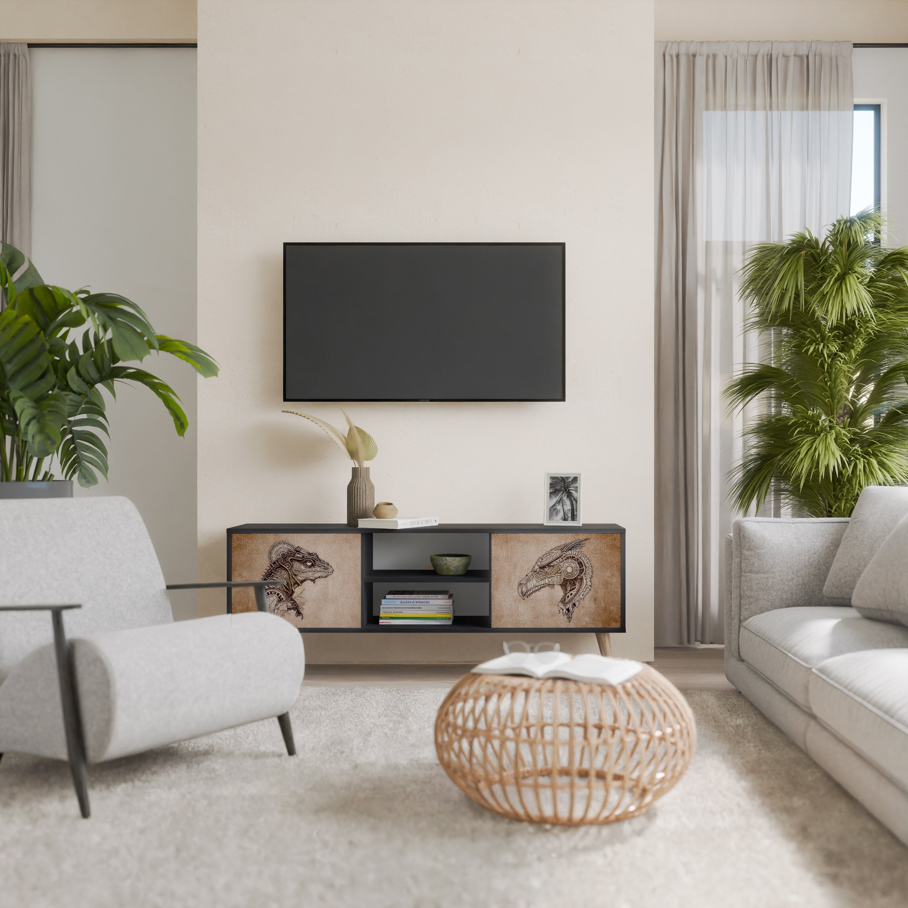 STEAMPUNK CLAN 2-Door TV Stand in Black Finish