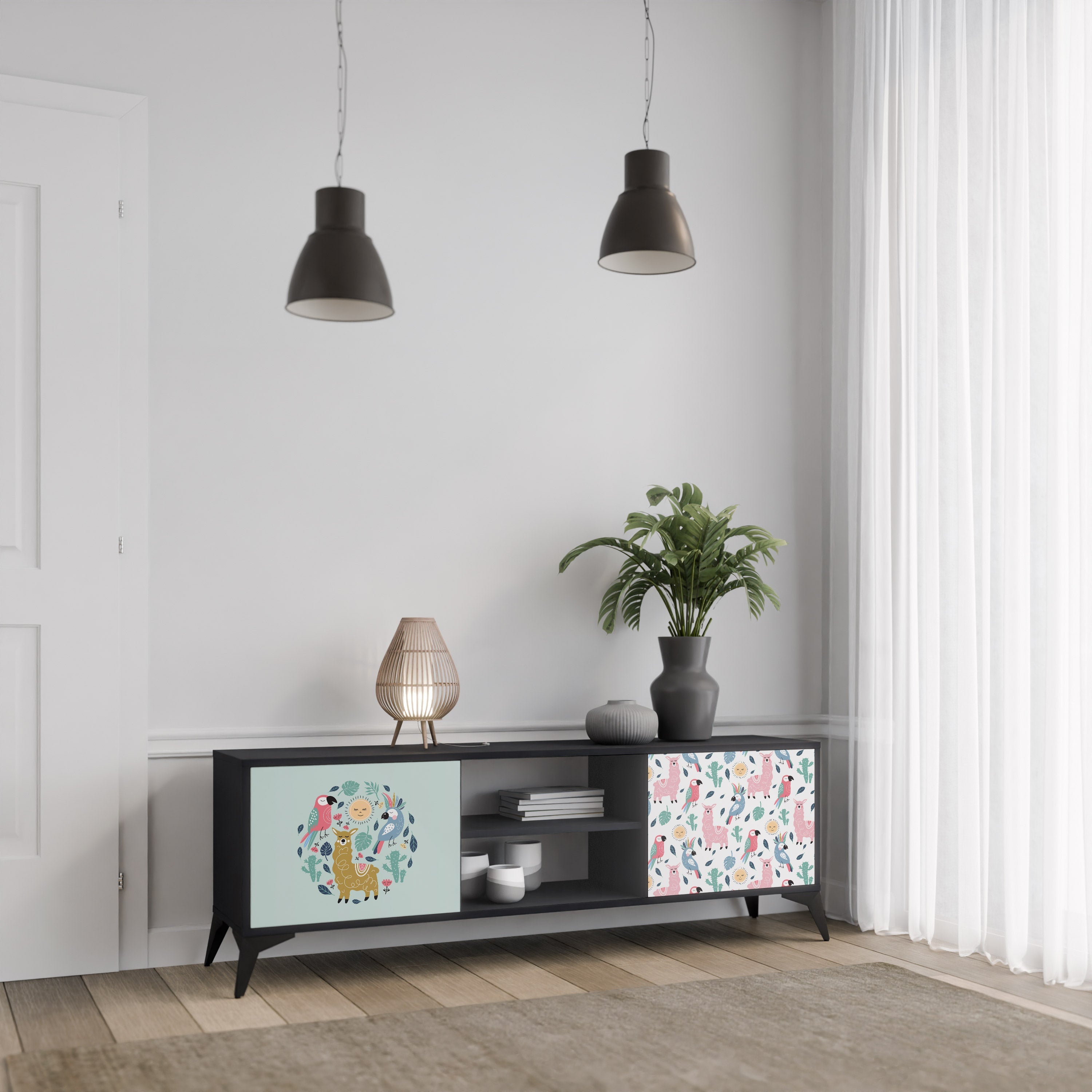 COLORFUL ALPACAS 2-Door TV Stand in Black Finish