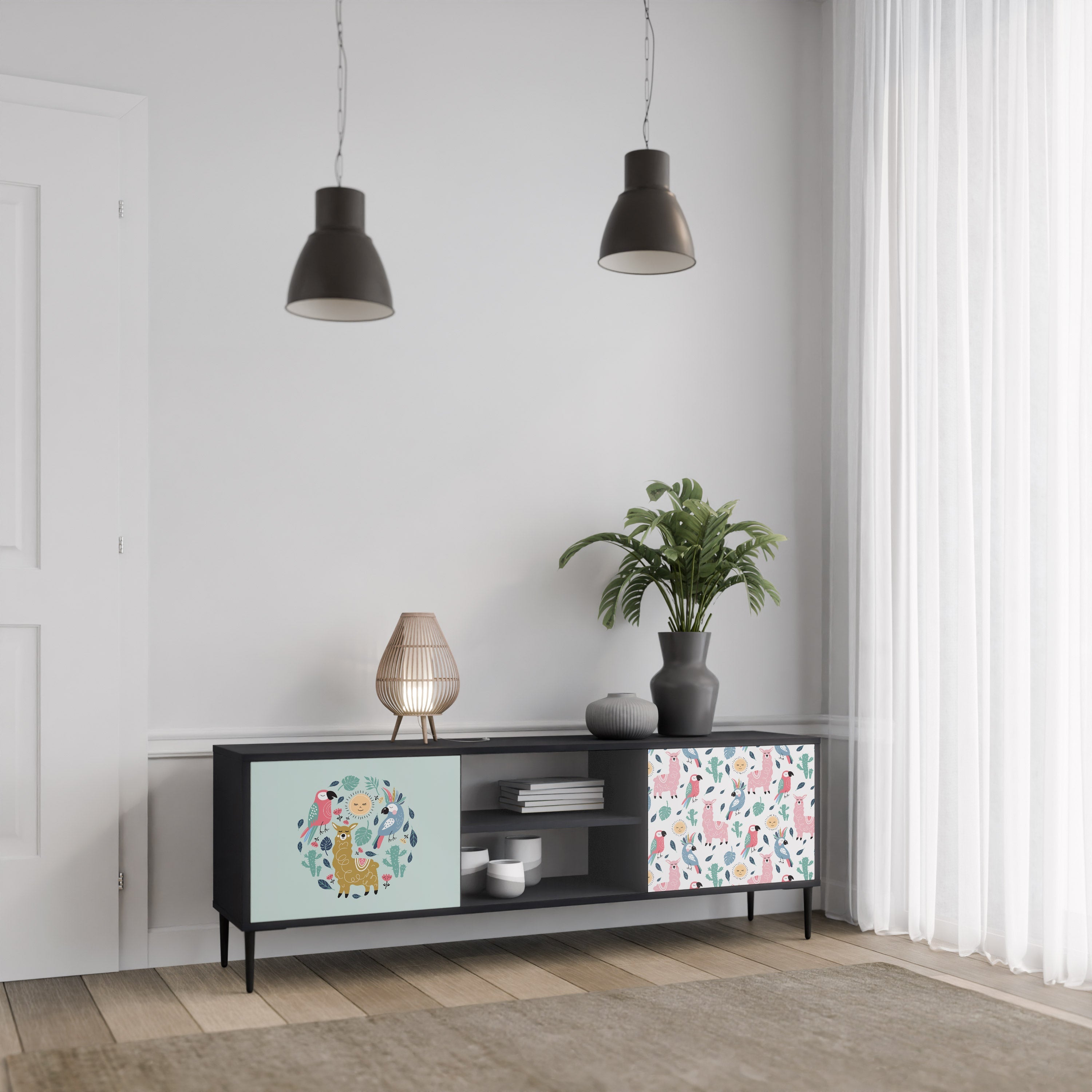 COLORFUL ALPACAS 2-Door TV Stand in Black Finish