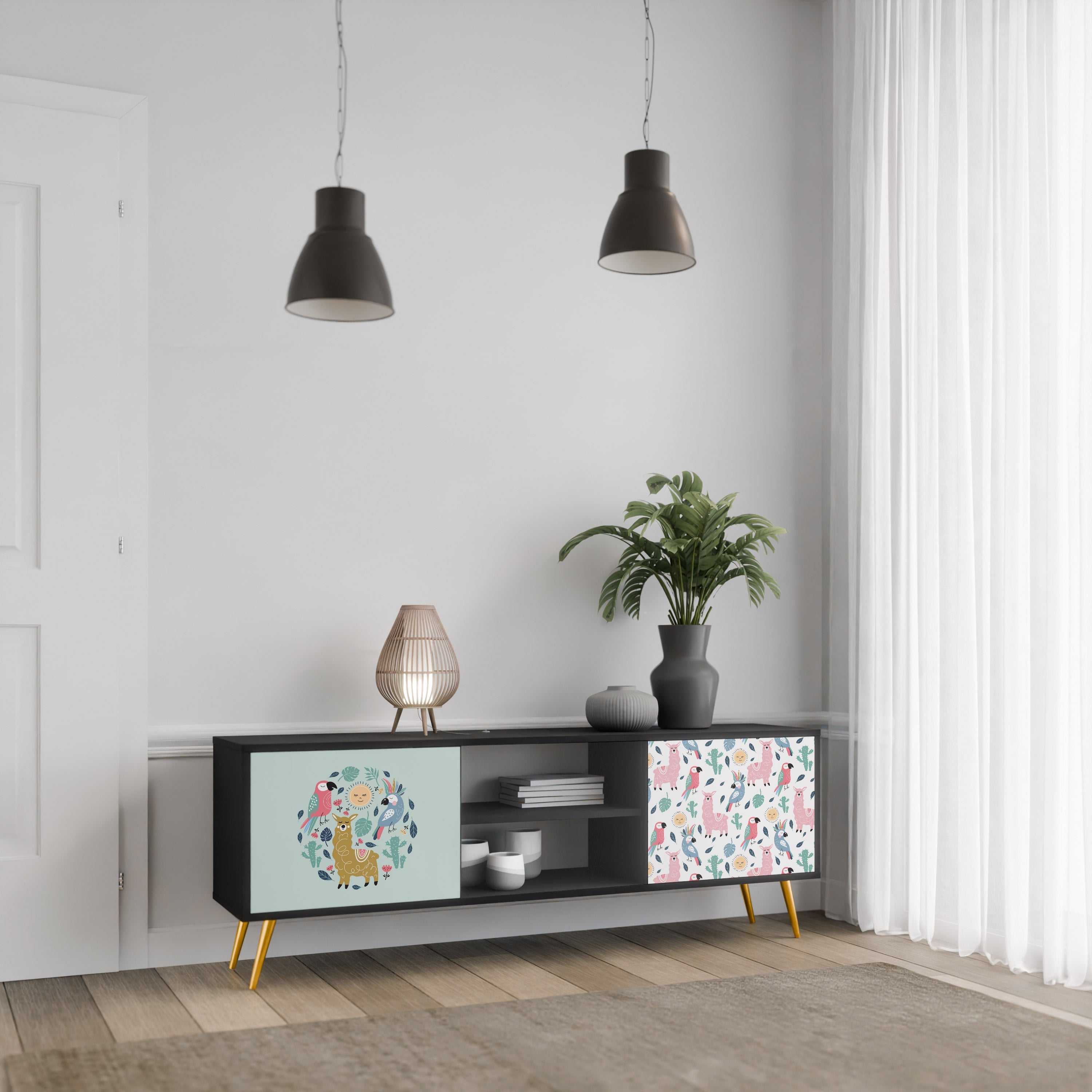 COLORFUL ALPACAS 2-Door TV Stand in Black Finish
