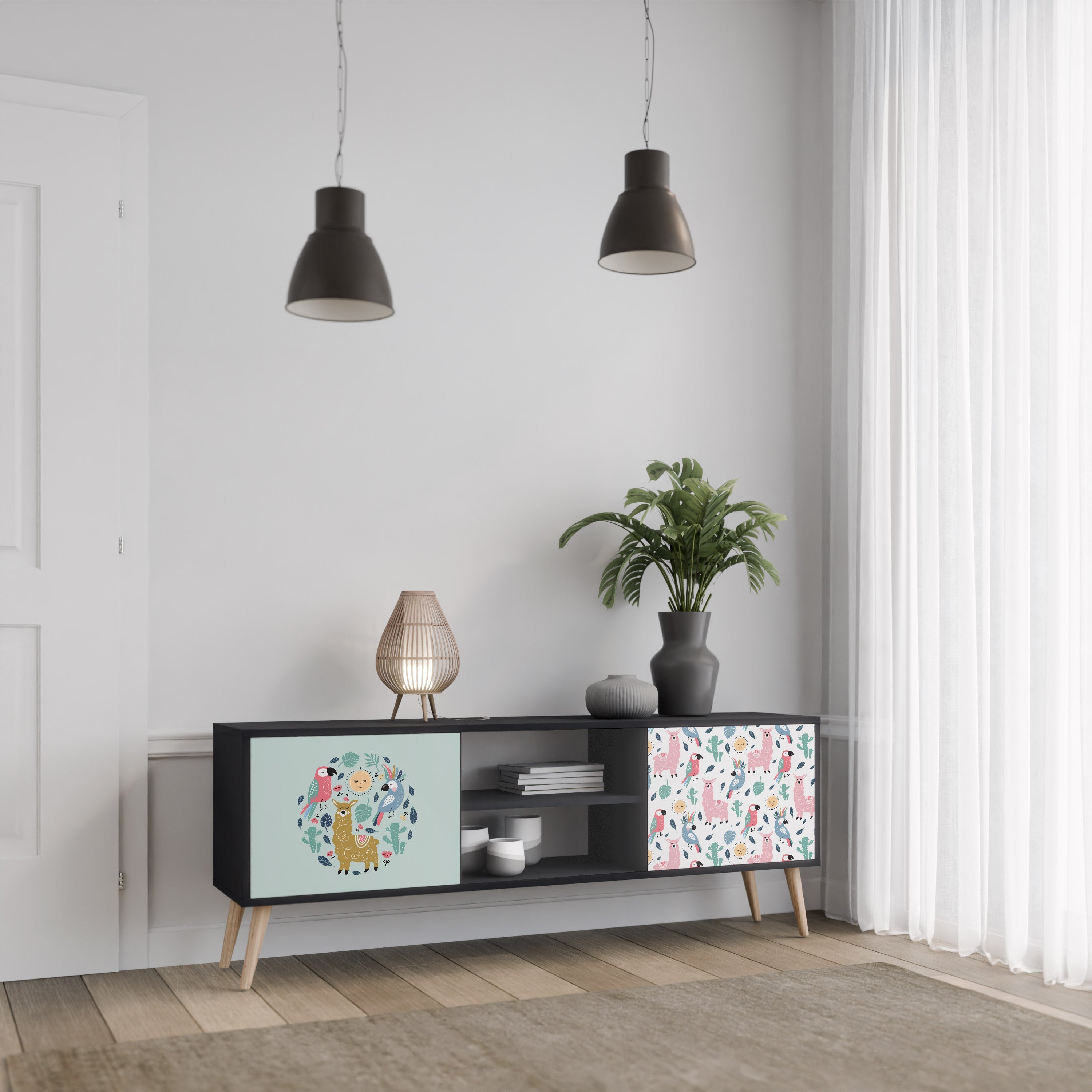 COLORFUL ALPACAS 2-Door TV Stand in Black Finish