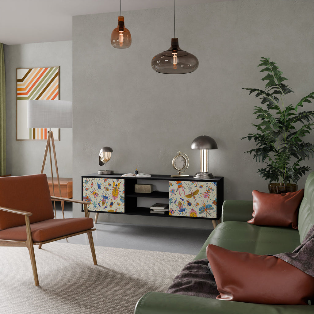 Meuble TV 2 portes COLORFUL INSECTS, finition noire