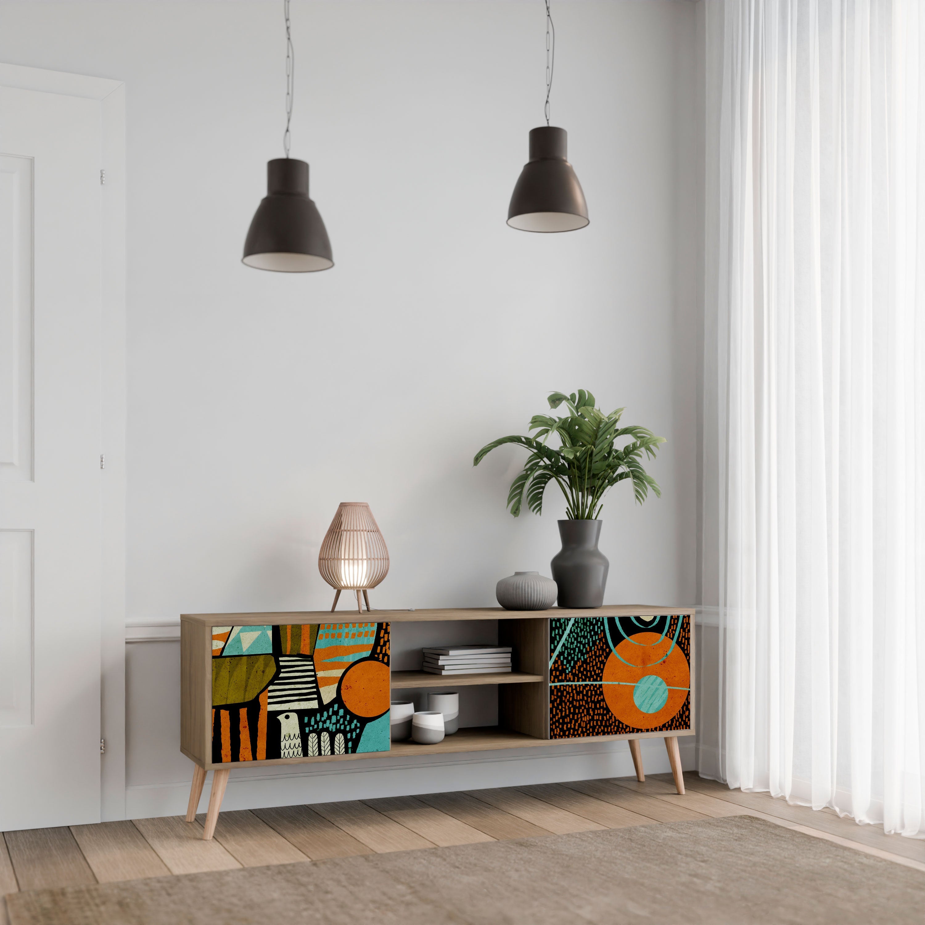 Meuble TV 2 portes GEODE GLIMMER effet chêne