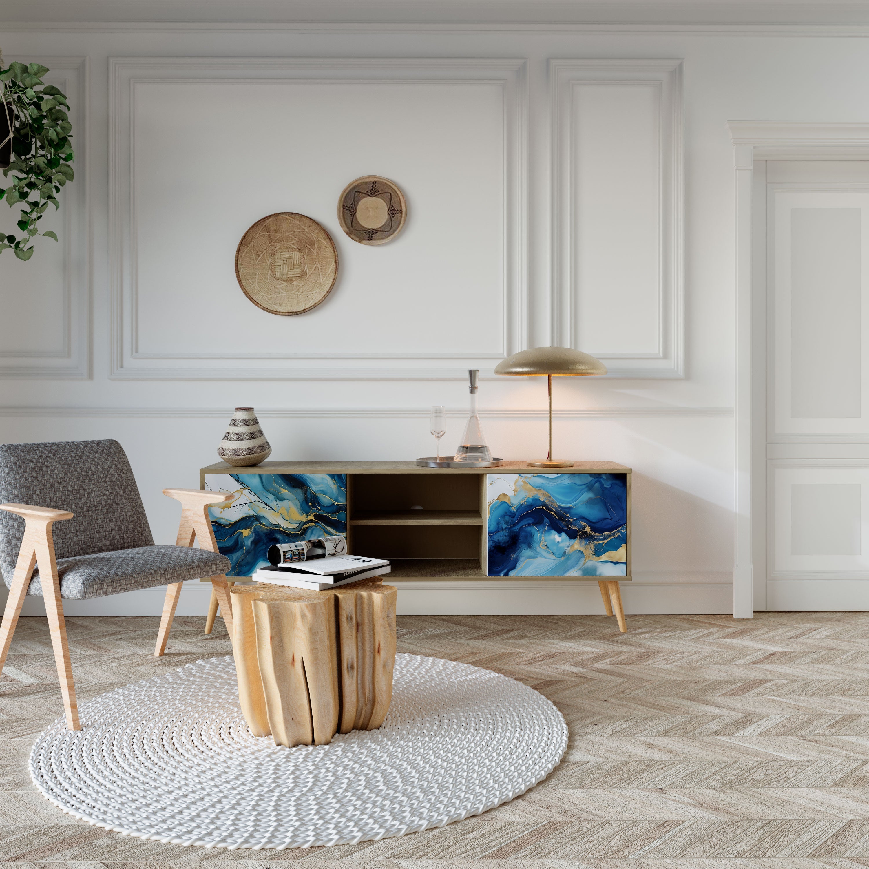 Meuble TV 2 portes INKY MARBLE effet chêne