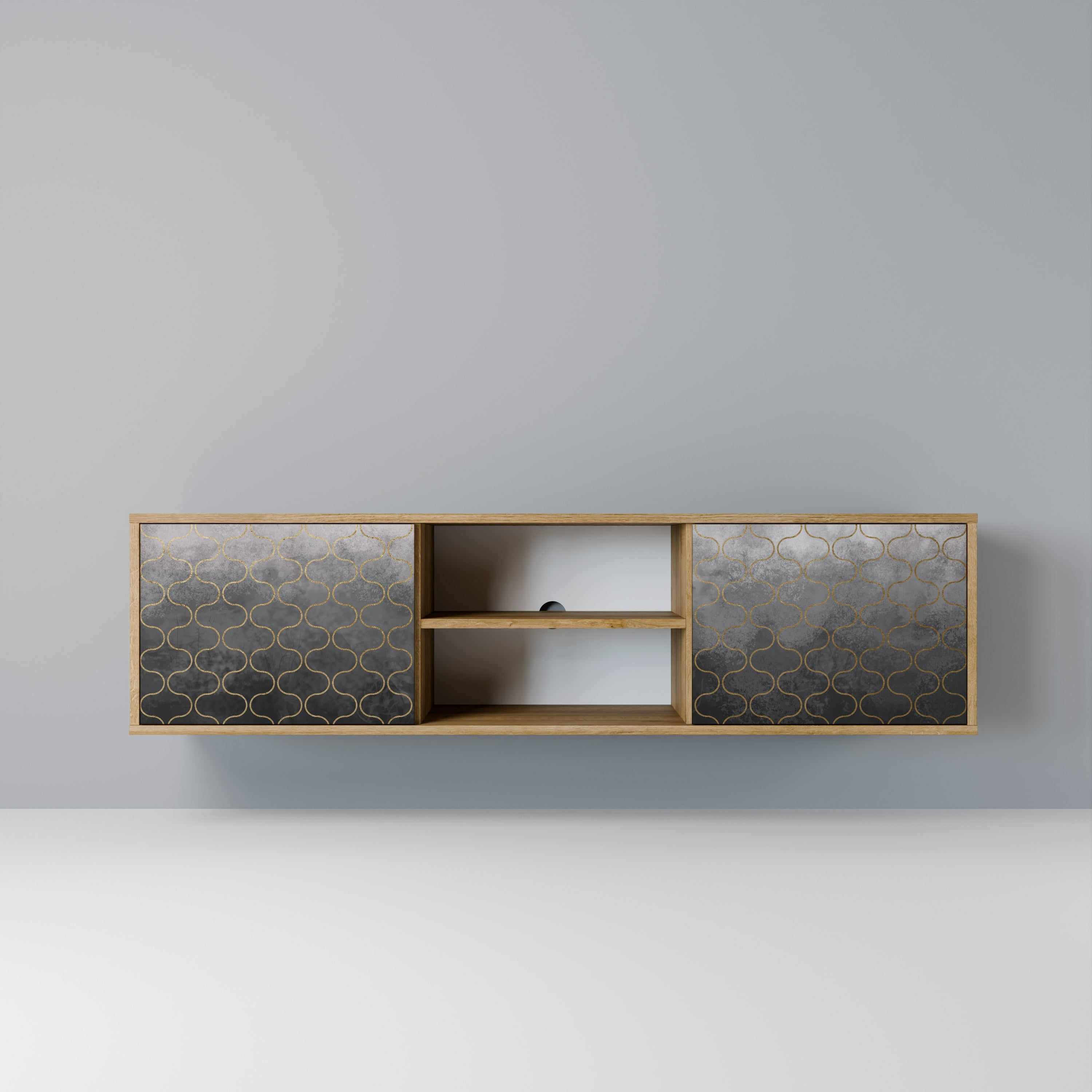 Meuble TV 2 portes effet chêne grisé à motifs mosaïques