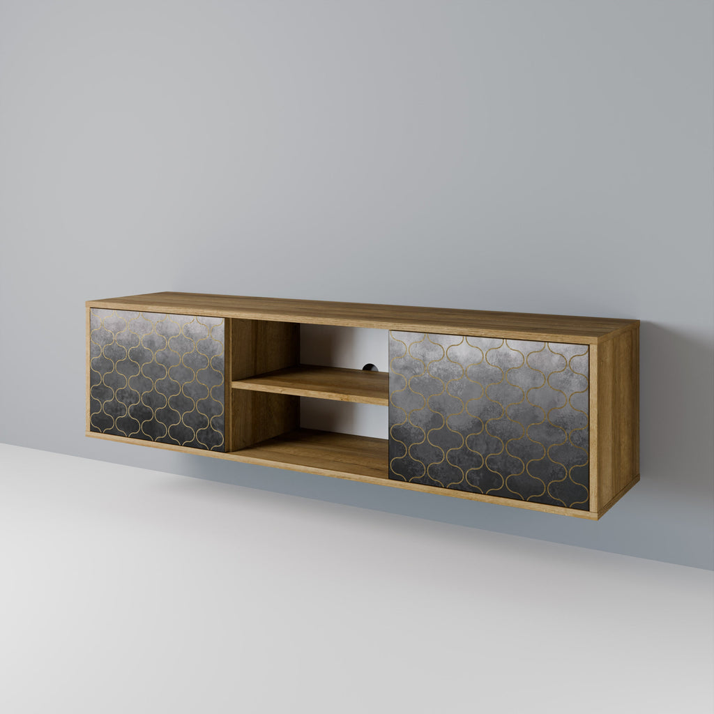 Meuble TV 2 portes effet chêne grisé à motifs mosaïques