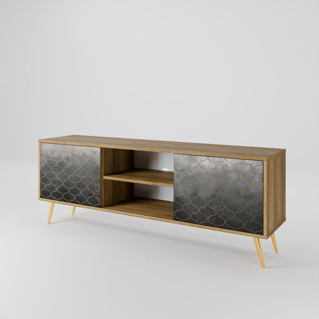Meuble TV 2 portes effet chêne grisé à motifs mosaïques