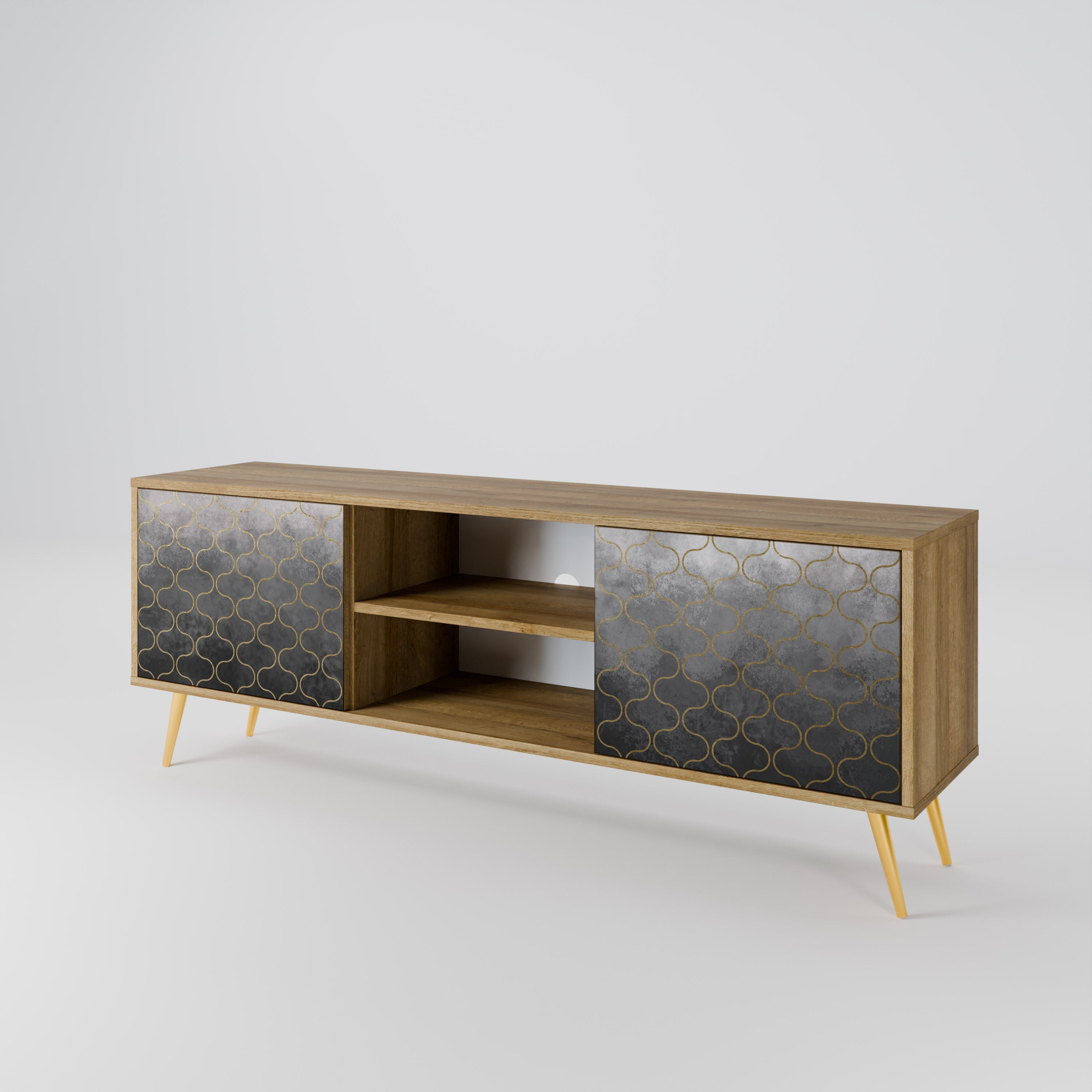 Meuble TV 2 portes effet chêne grisé à motifs mosaïques