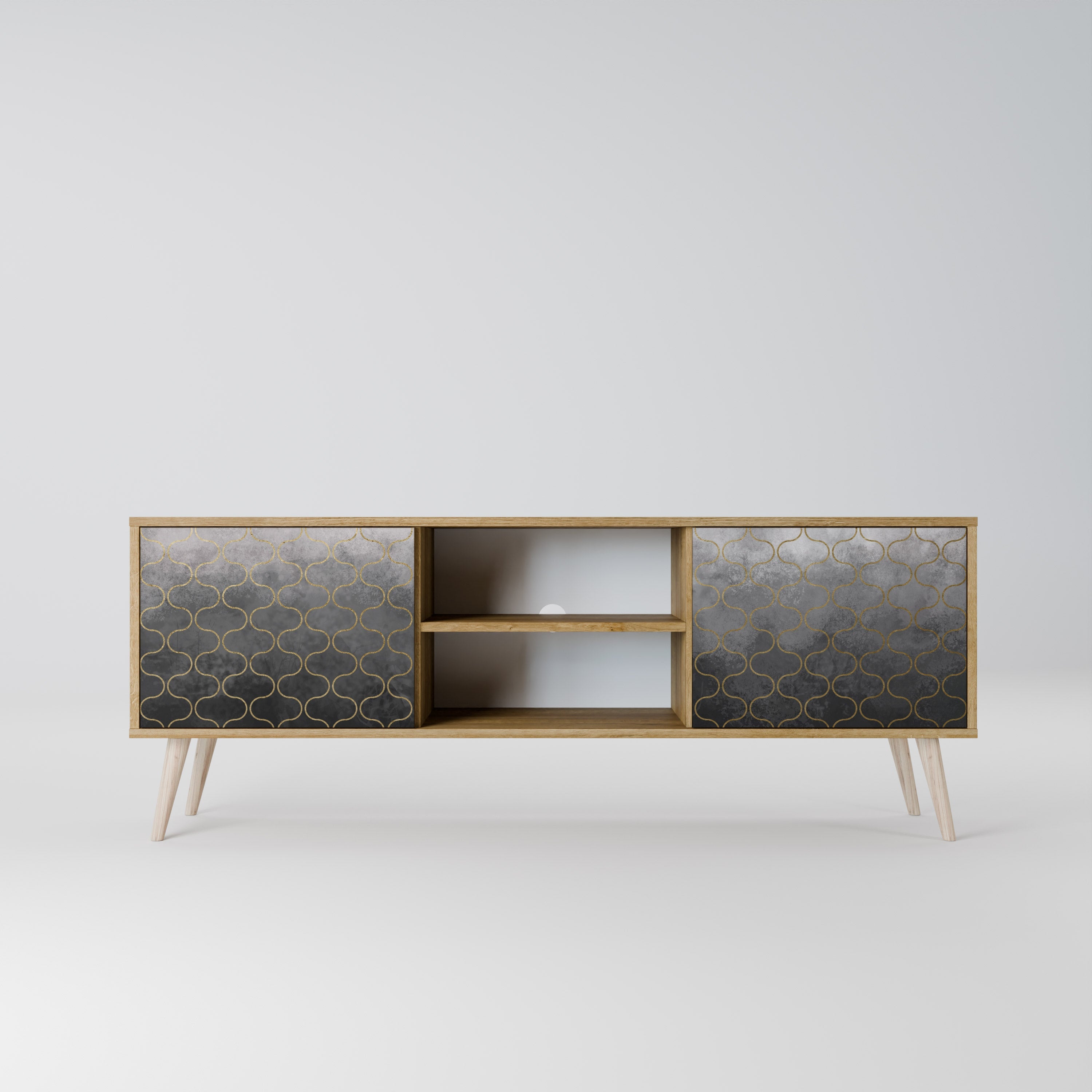 Meuble TV 2 portes effet chêne grisé à motifs mosaïques