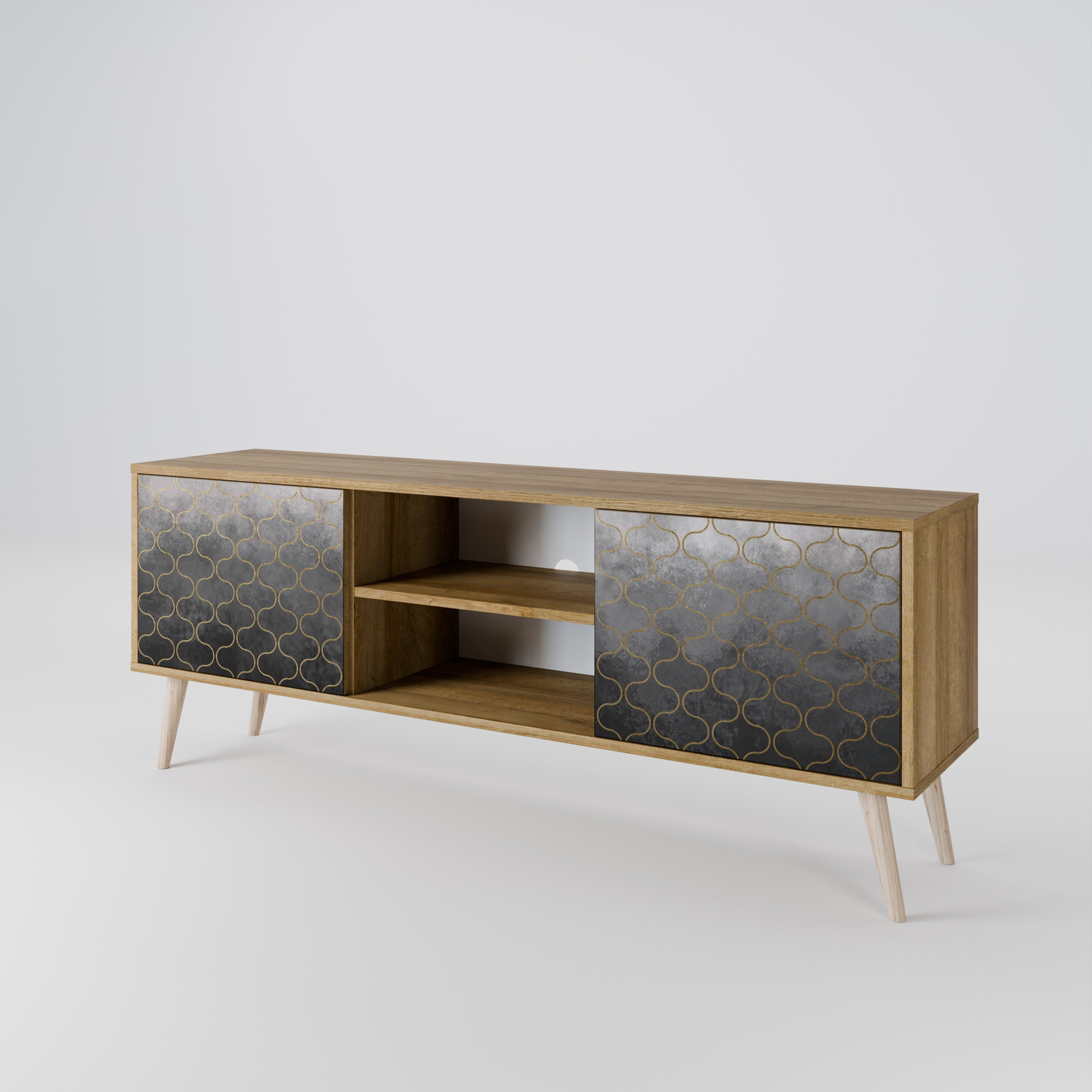 Meuble TV 2 portes effet chêne grisé à motifs mosaïques